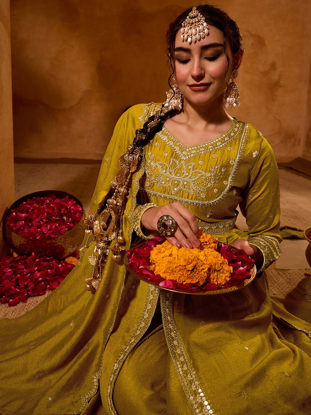 Mustard Floral Thread Viscose Silk Anarkali Suit