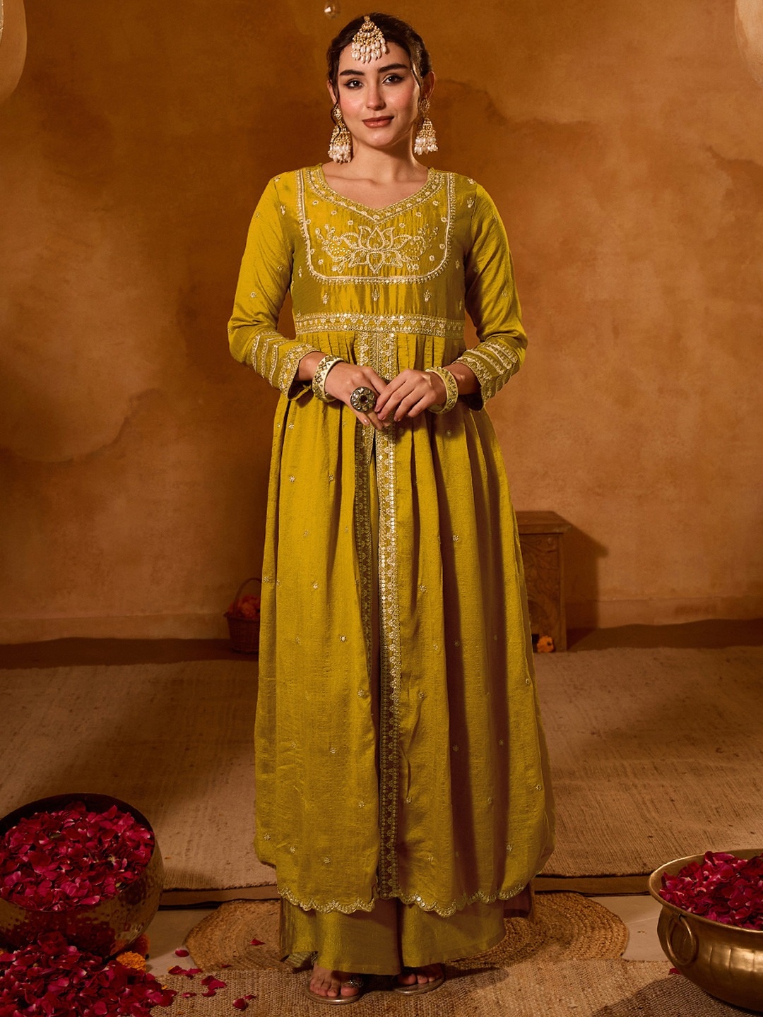 Mustard Floral Thread Viscose Silk Anarkali Suit