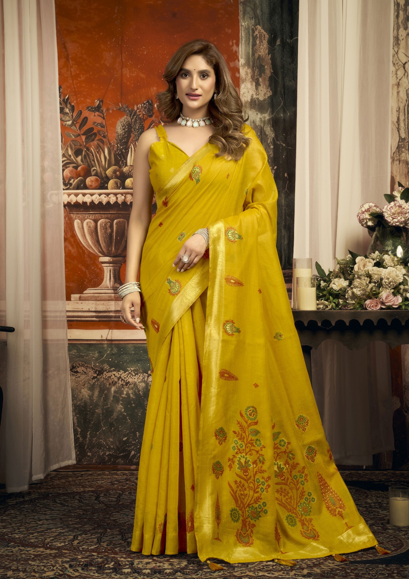 Mustard Floral Woven Puri Cotton Saree