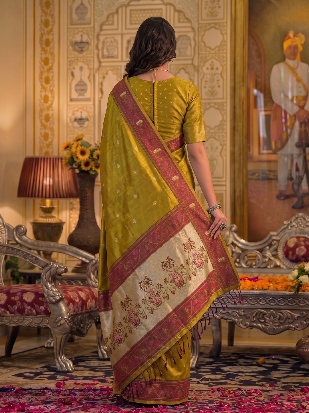 Mustard Floral Woven Tissue Silk Saree — alternate view