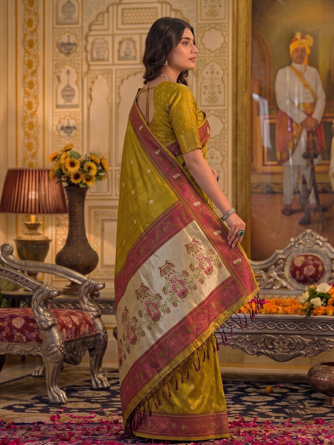 Mustard Floral Woven Tissue Silk Saree