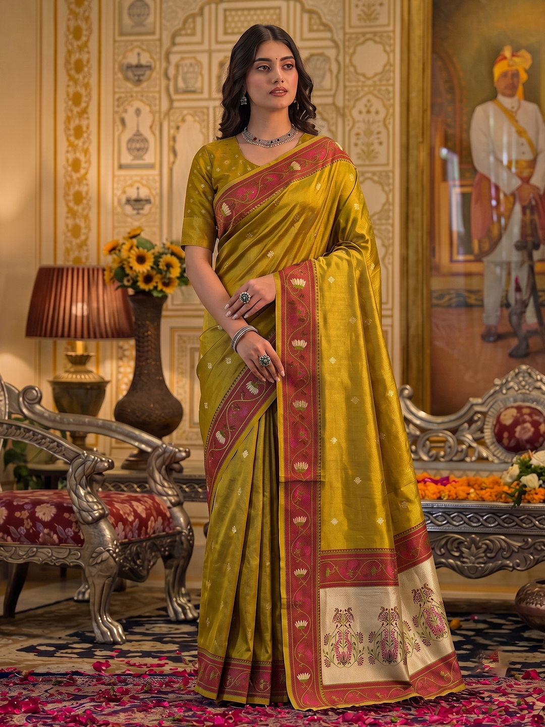 Mustard Floral Woven Tissue Silk Saree