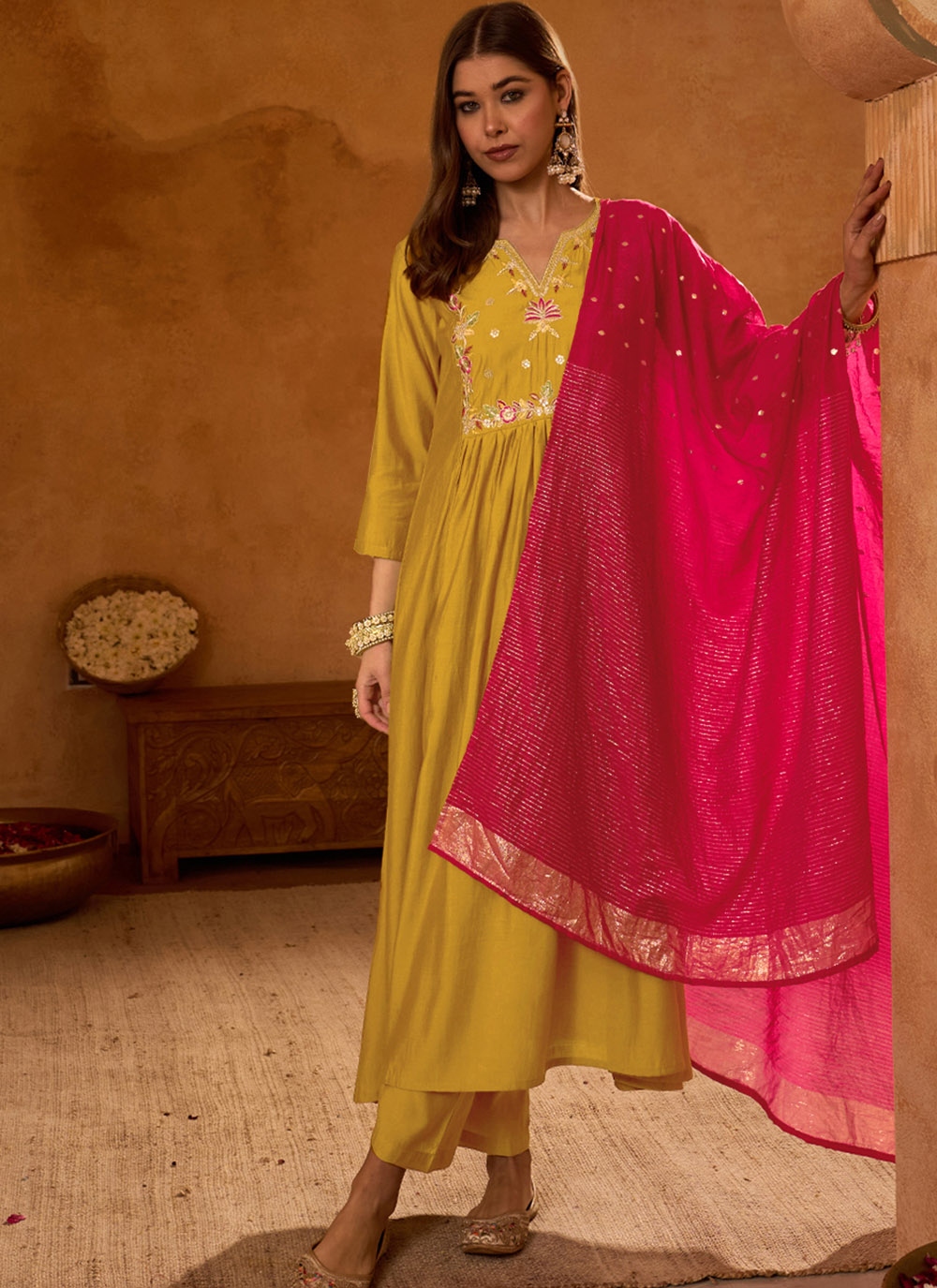 Mustard Floral Yoke Embroidery Silk Slub Salwar Suit