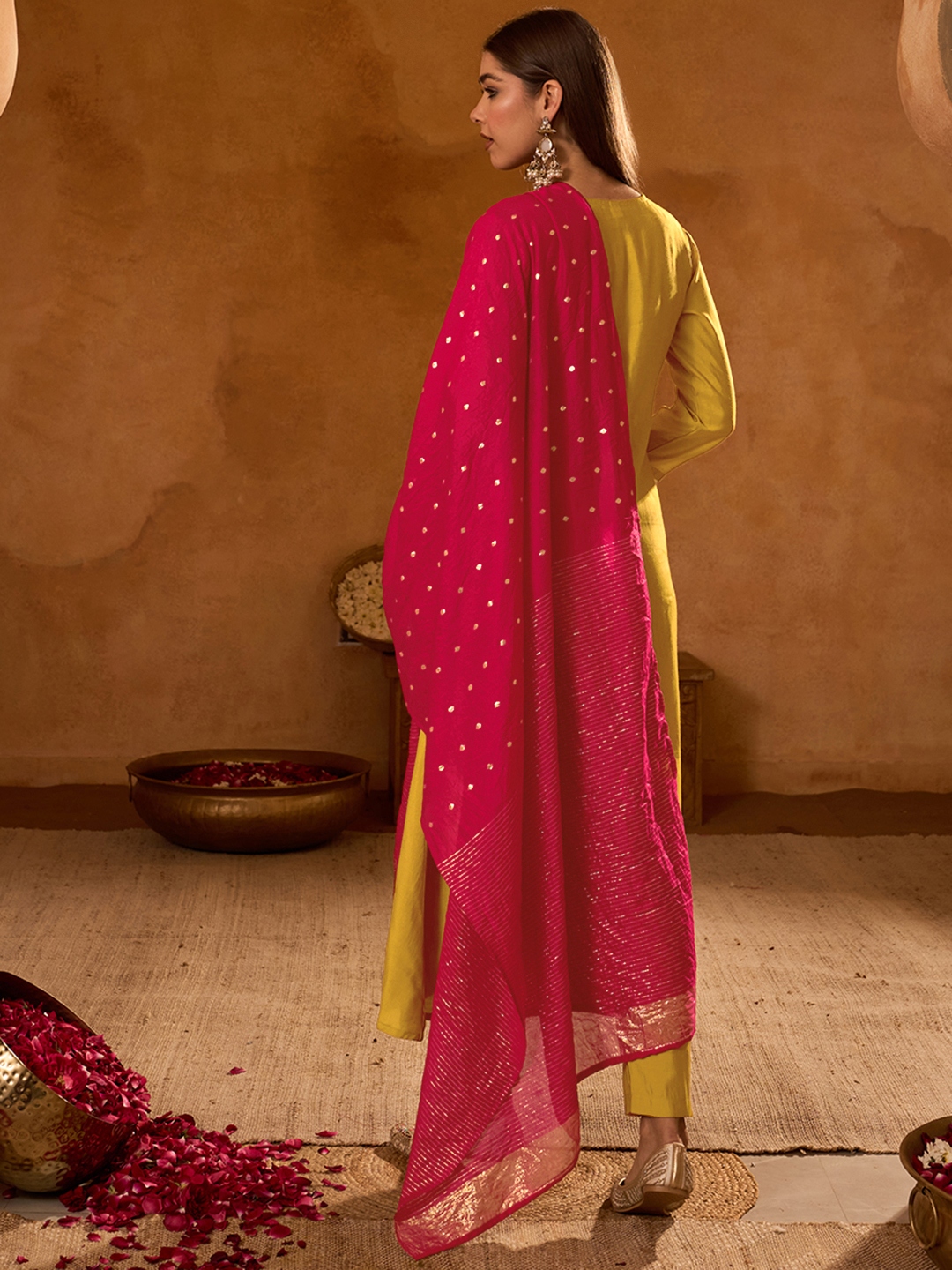 Mustard Floral Yoke Embroidery Silk Slub Salwar Suit — alternate view