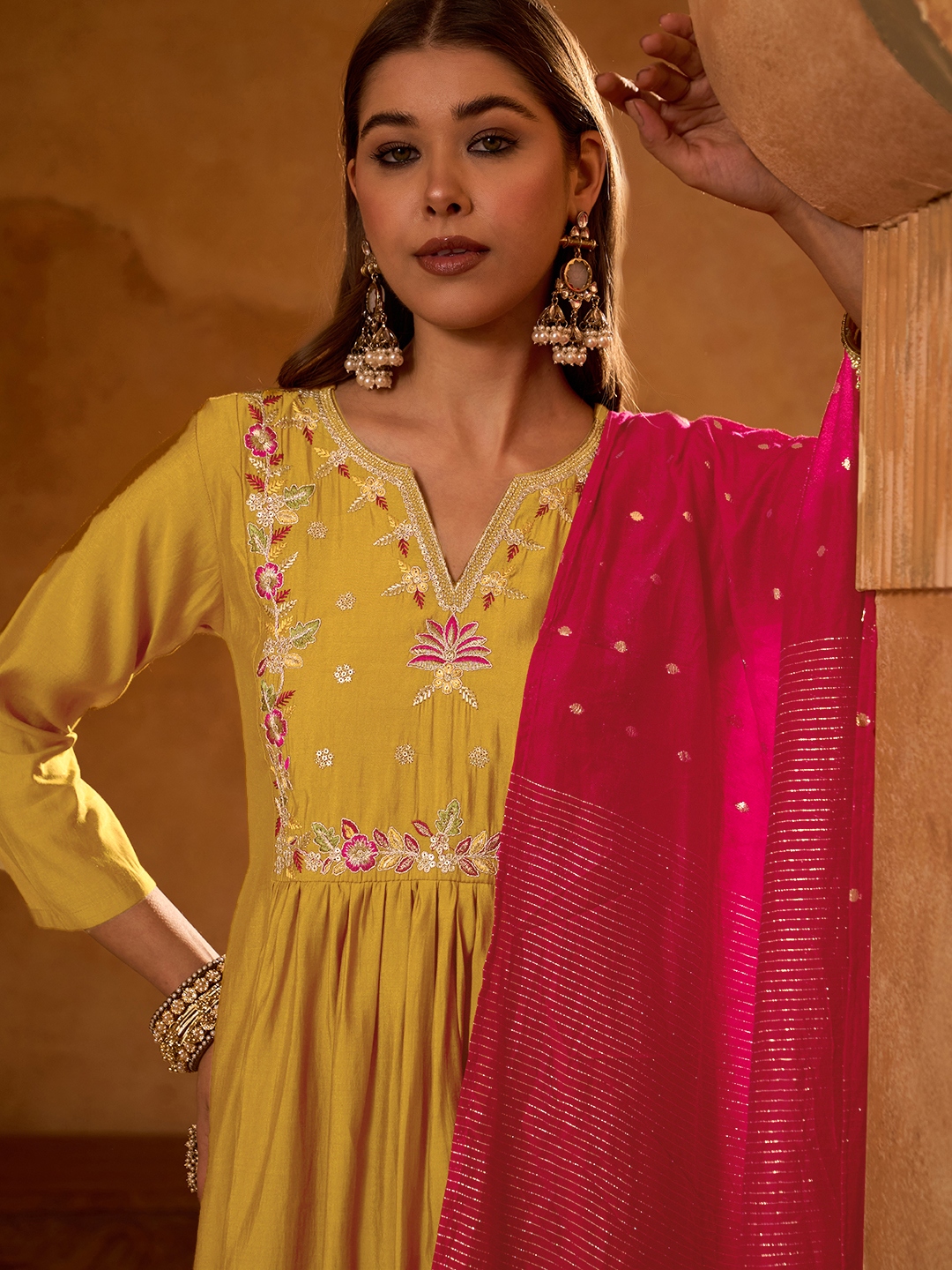 Mustard Floral Yoke Embroidery Silk Slub Salwar Suit
