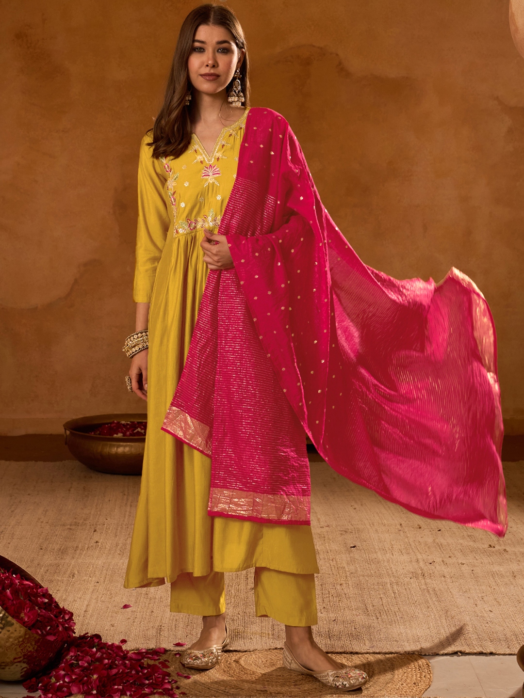 Mustard Floral Yoke Embroidery Silk Slub Salwar Suit