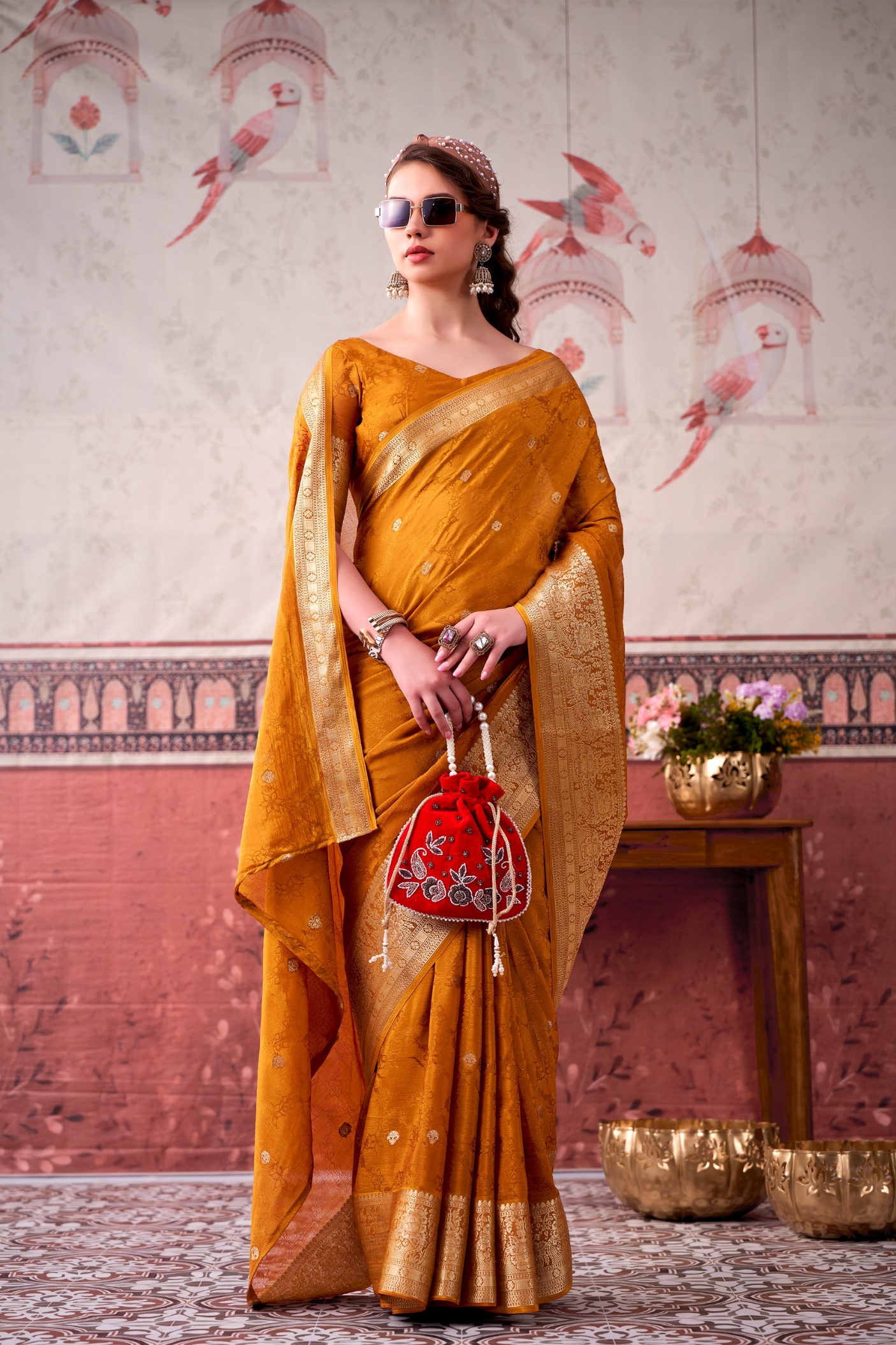 Mustard Floral Zari Chinon Saree — alternate view