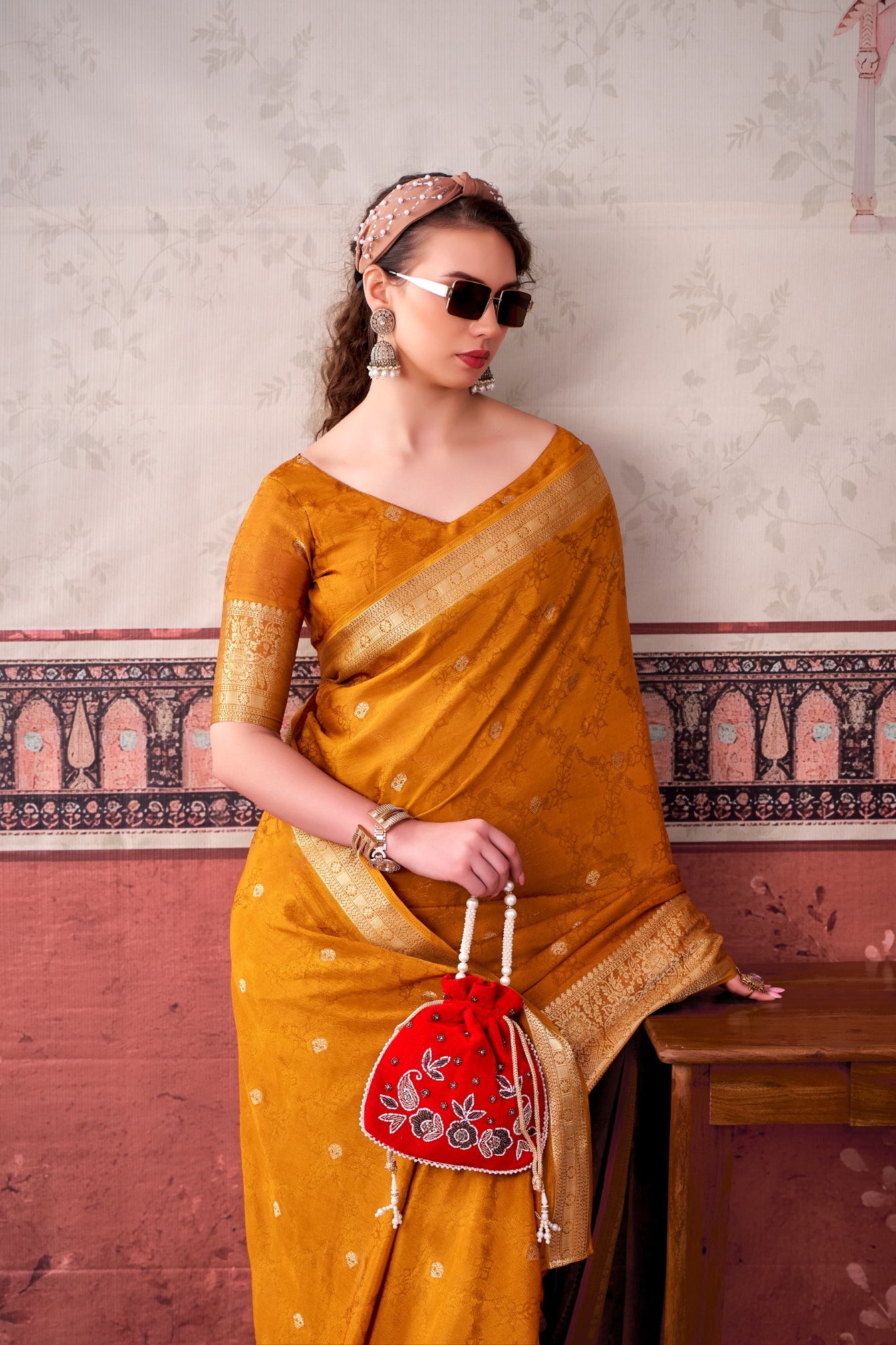 Mustard Floral Zari Chinon Saree