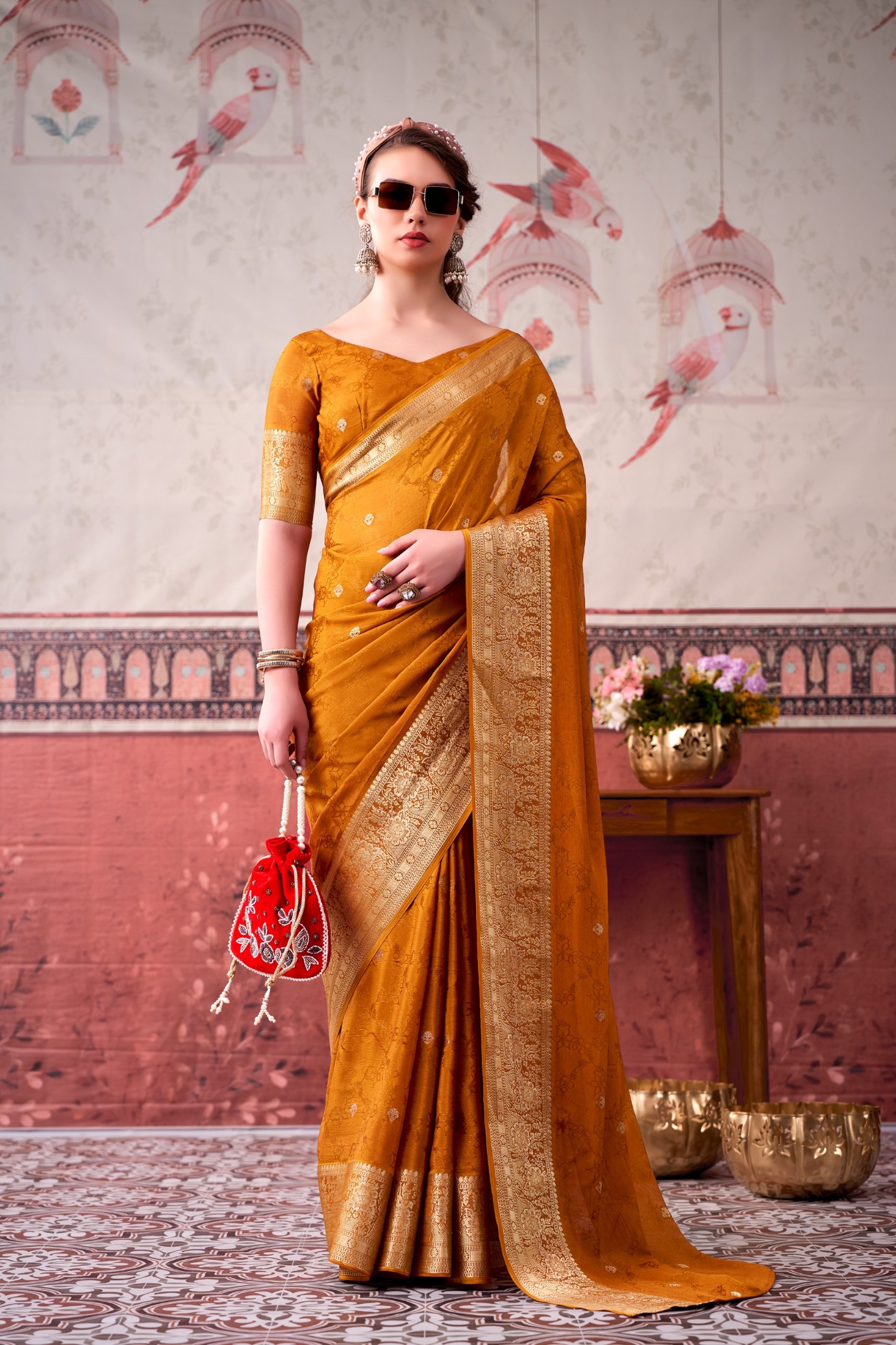 Mustard Floral Zari Chinon Saree