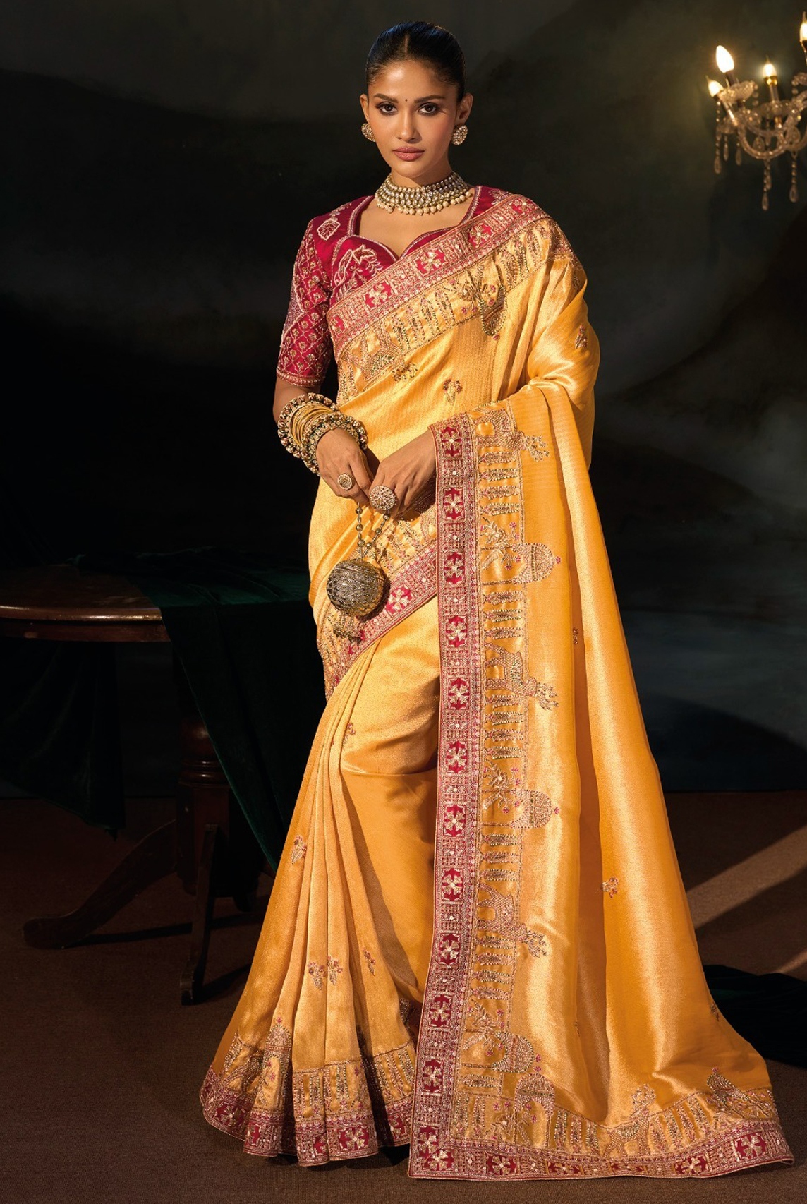 Mustard Floral Zari Thread Madhuri Silk Saree