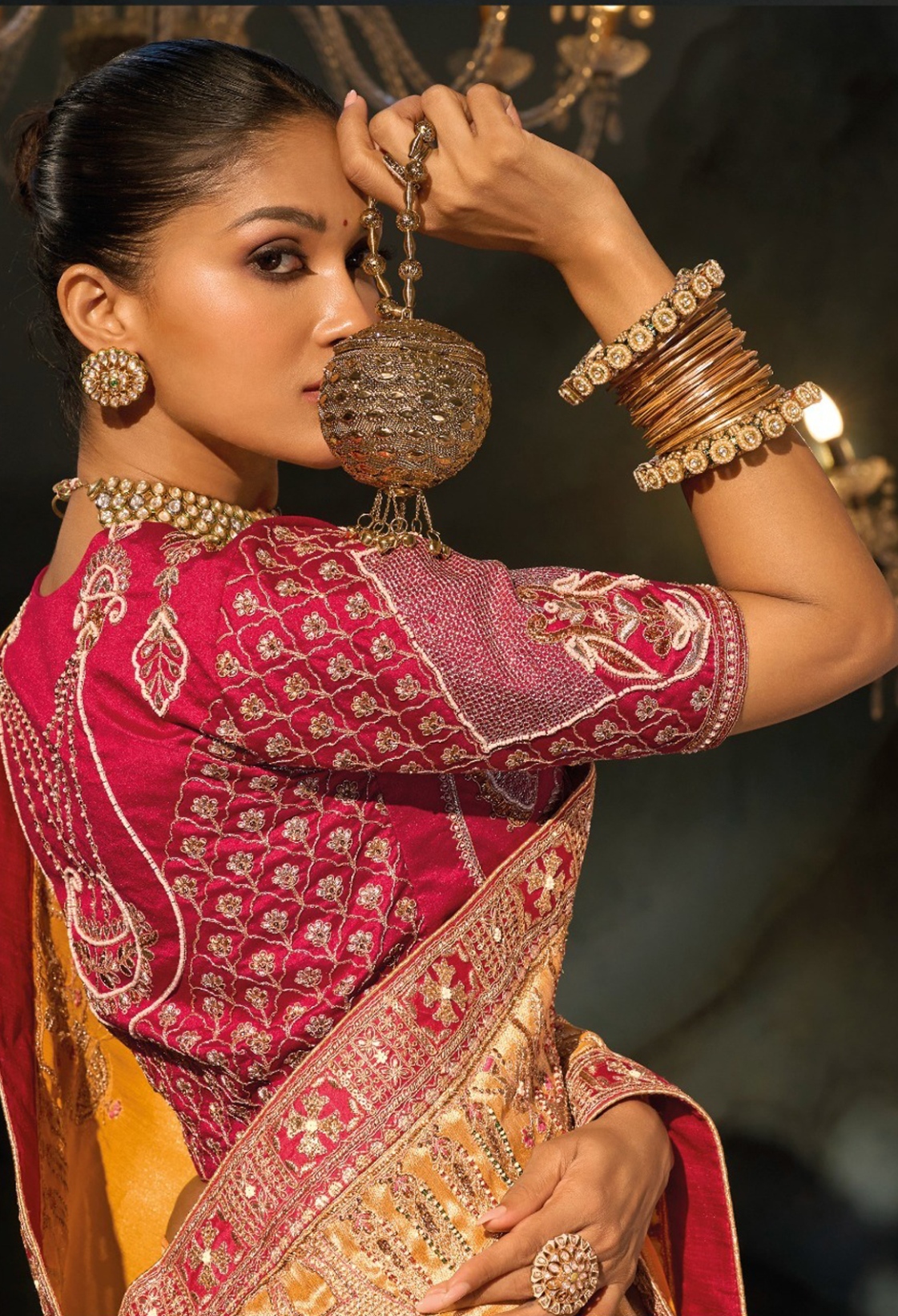 Mustard Floral Zari Thread Madhuri Silk Saree — alternate view