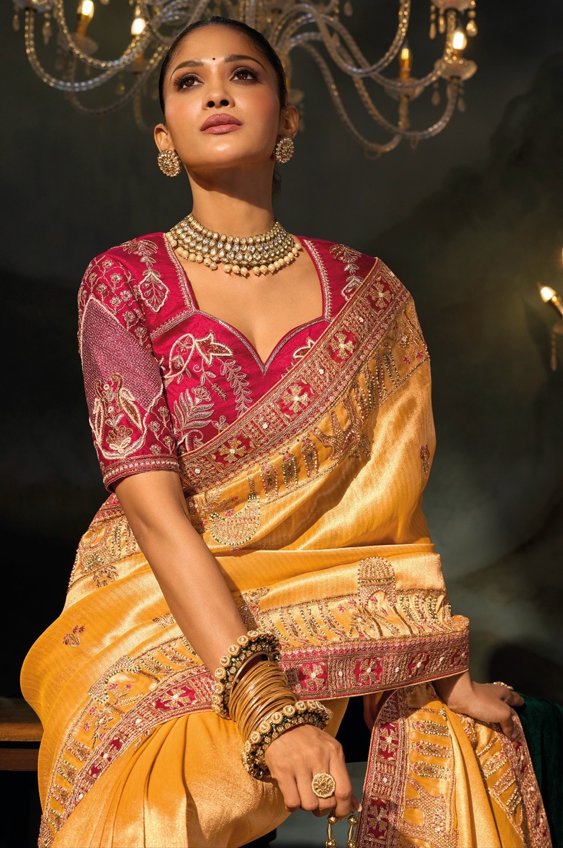 Mustard Floral Zari Thread Madhuri Silk Saree