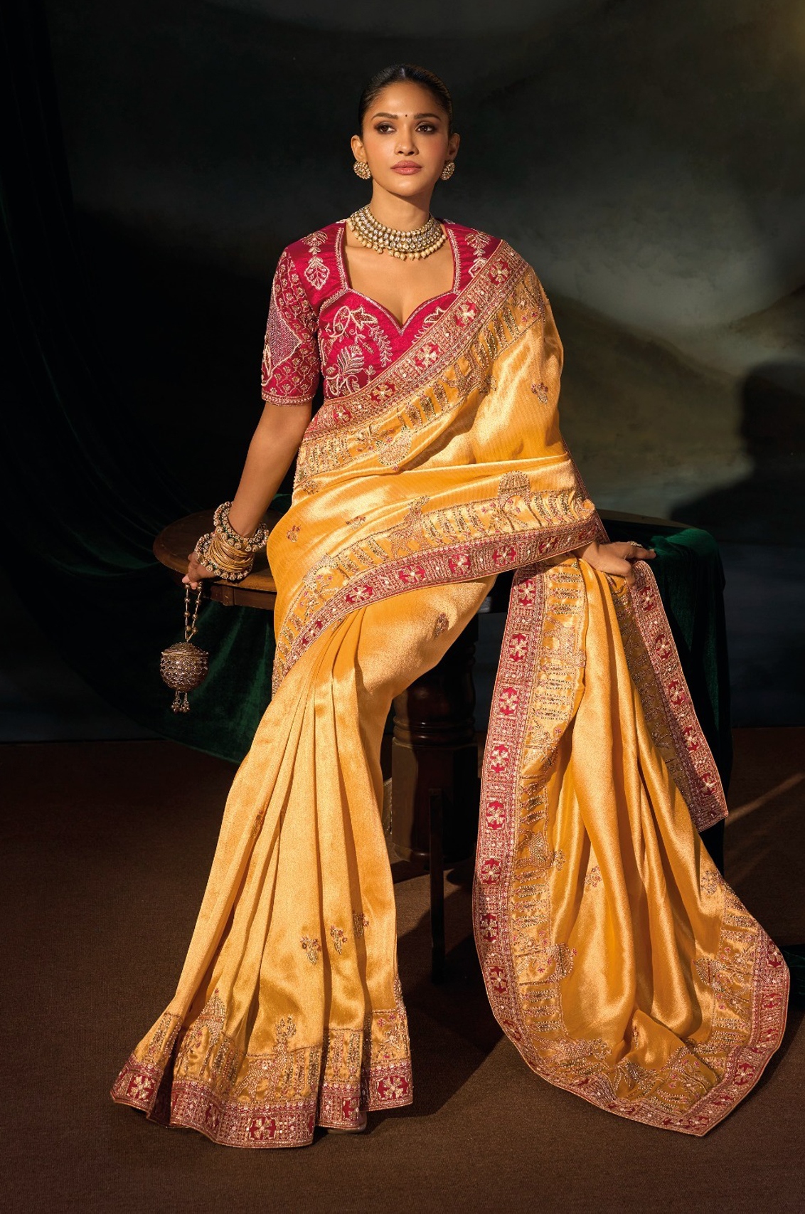 Mustard Floral Zari Thread Madhuri Silk Saree