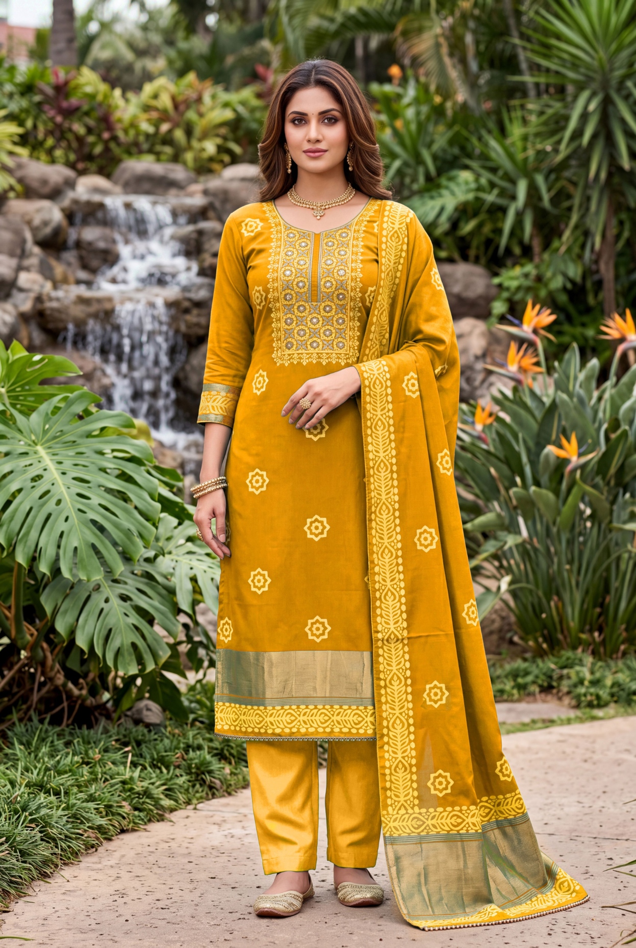 Mustard Geometric Handwork Banarasi Cotton Straight Suit