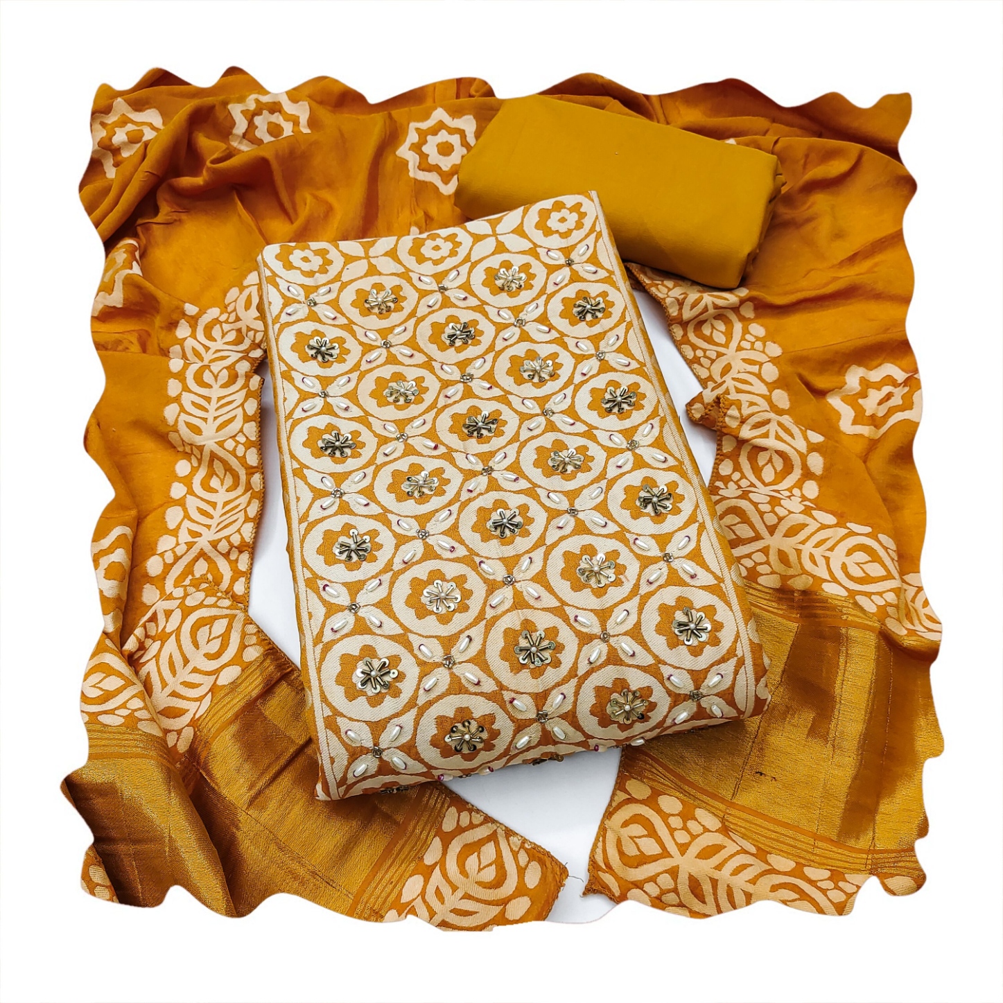 Mustard Geometric Handwork Banarasi Cotton Straight Suit — alternate view