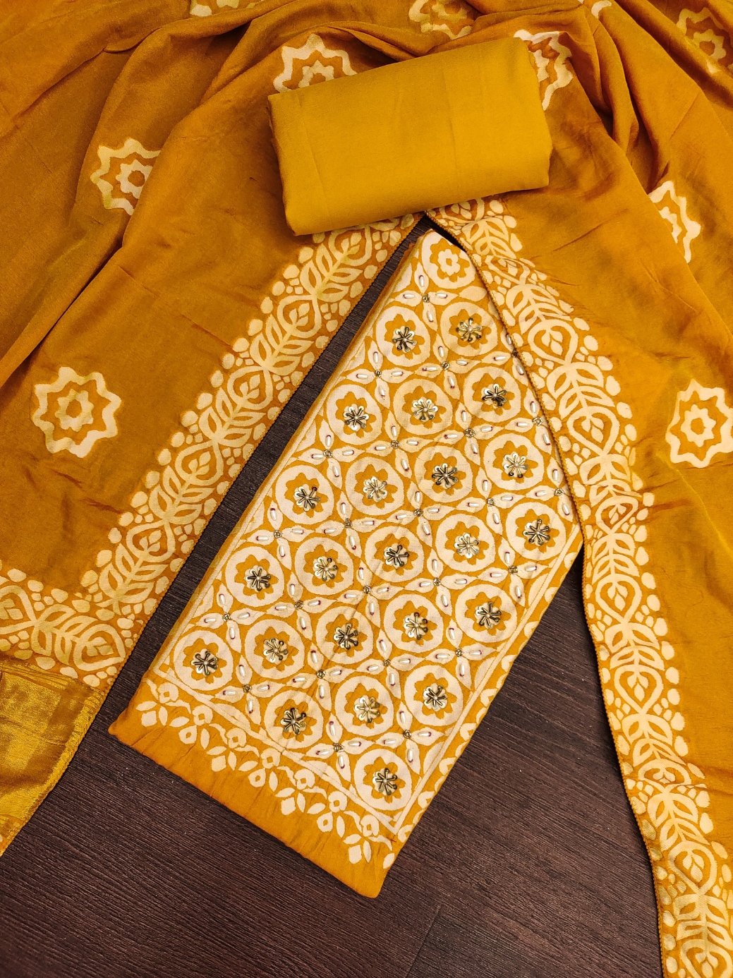 Mustard Geometric Handwork Banarasi Cotton Straight Suit
