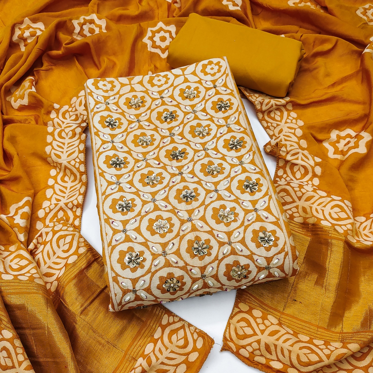 Mustard Geometric Handwork Banarasi Cotton Straight Suit