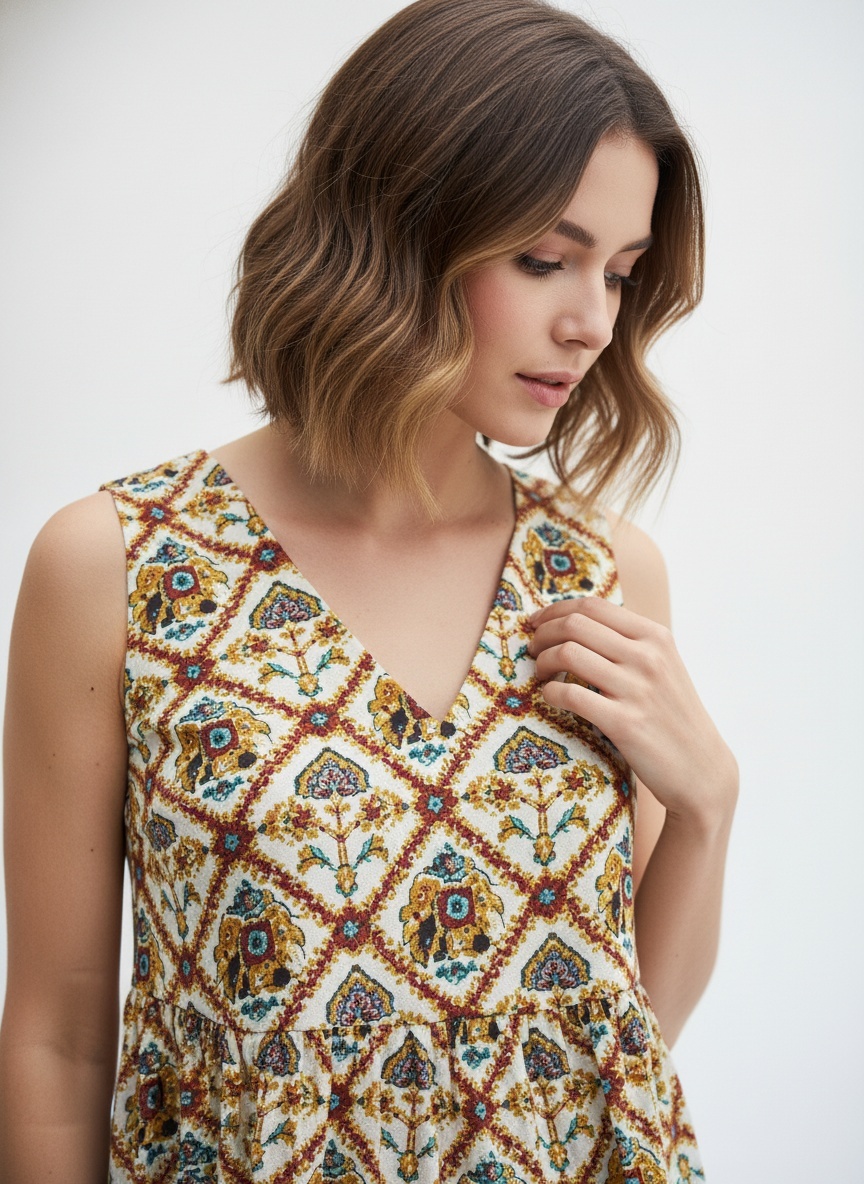 Mustard Geometric Printed Sleeveless Top