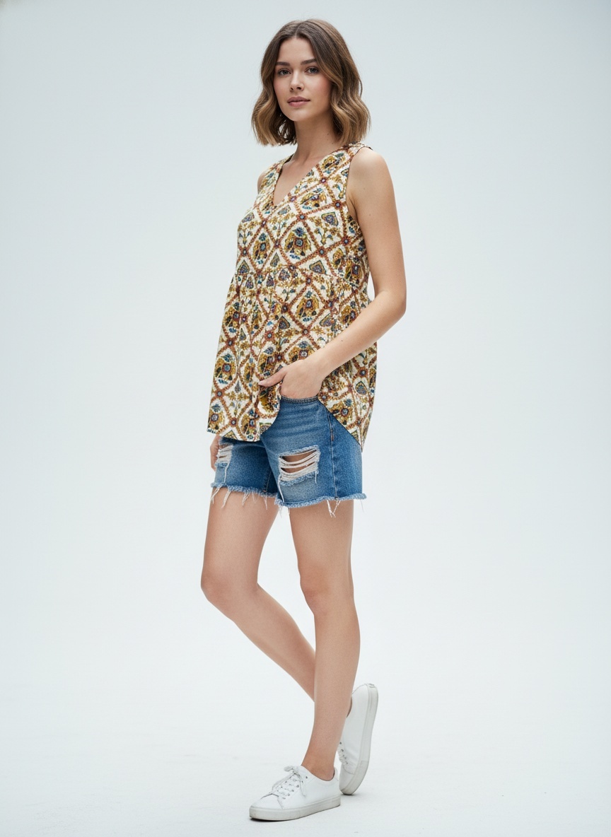 Mustard Geometric Printed Sleeveless Top