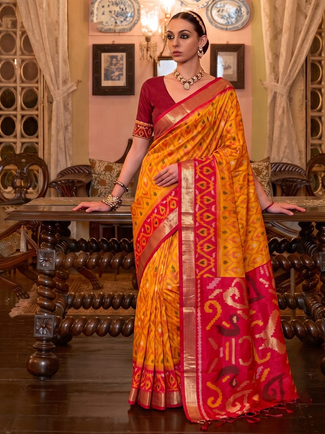 Mustard Geometric Printed Work Soft Silk Saree