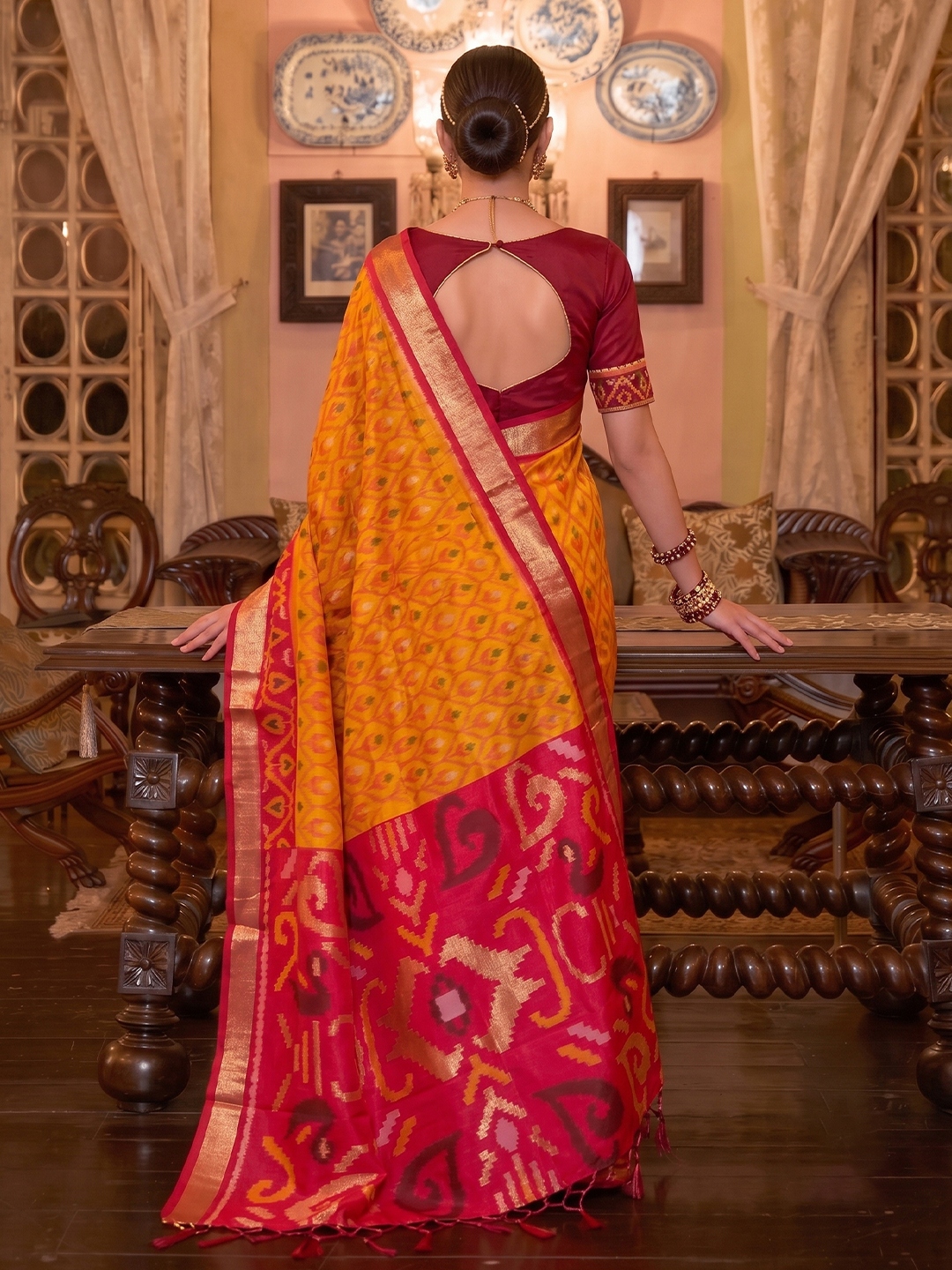 Mustard Geometric Printed Work Soft Silk Saree — alternate view