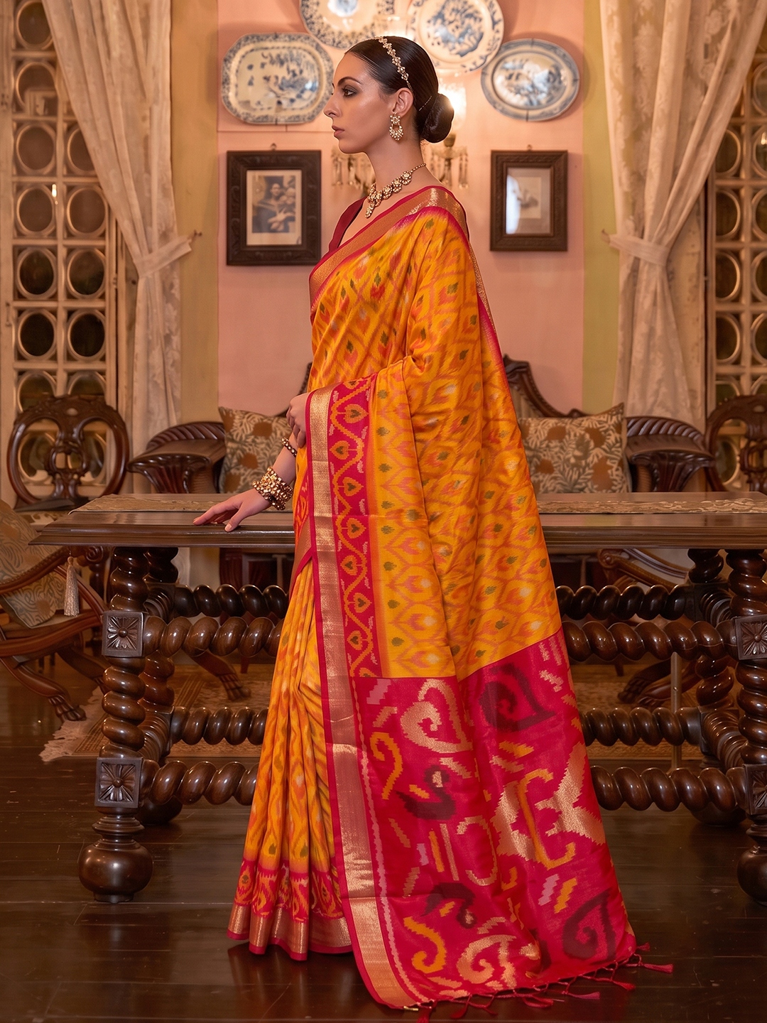 Mustard Geometric Printed Work Soft Silk Saree