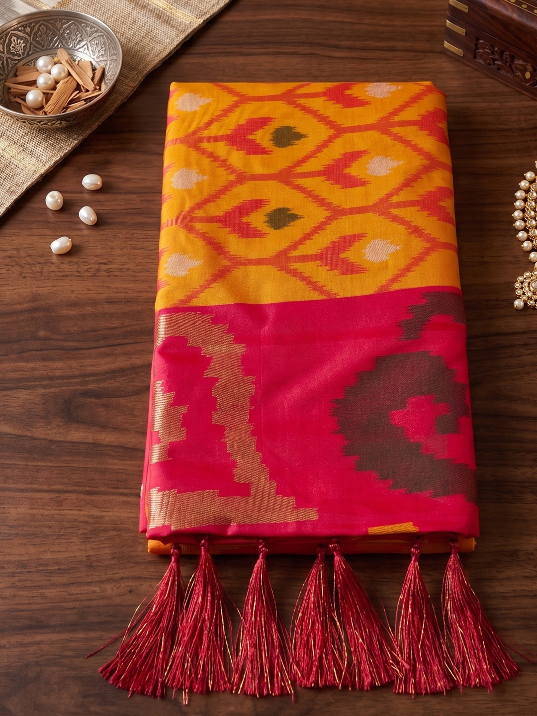 Mustard Geometric Printed Work Soft Silk Saree