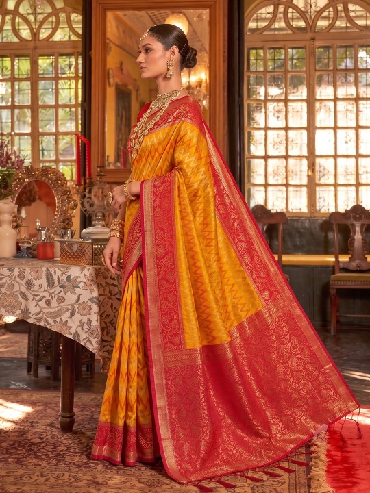 Mustard Geometric Woven Designer Silk Saree