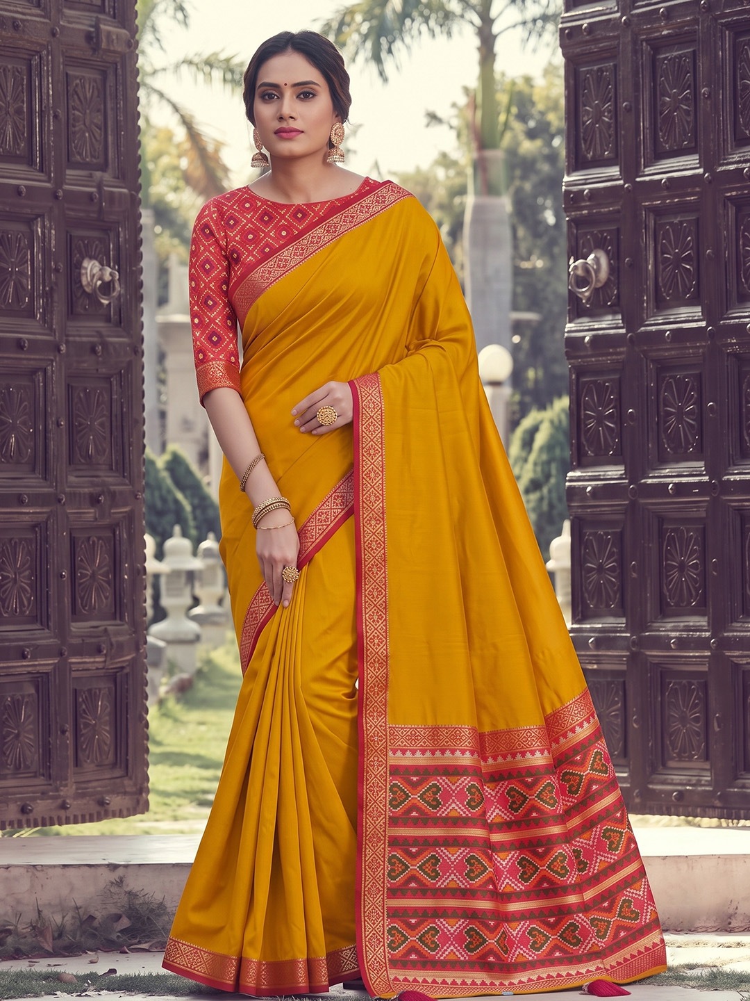 Mustard Geometric Woven Work Silk Saree