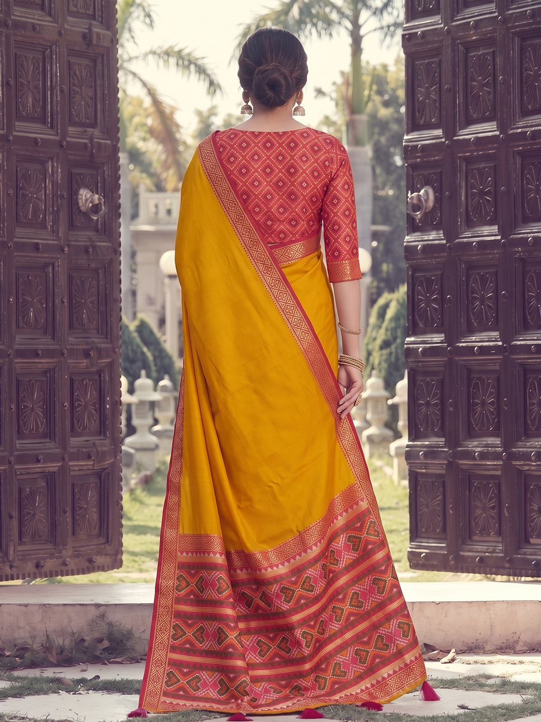 Mustard Geometric Woven Work Silk Saree — alternate view