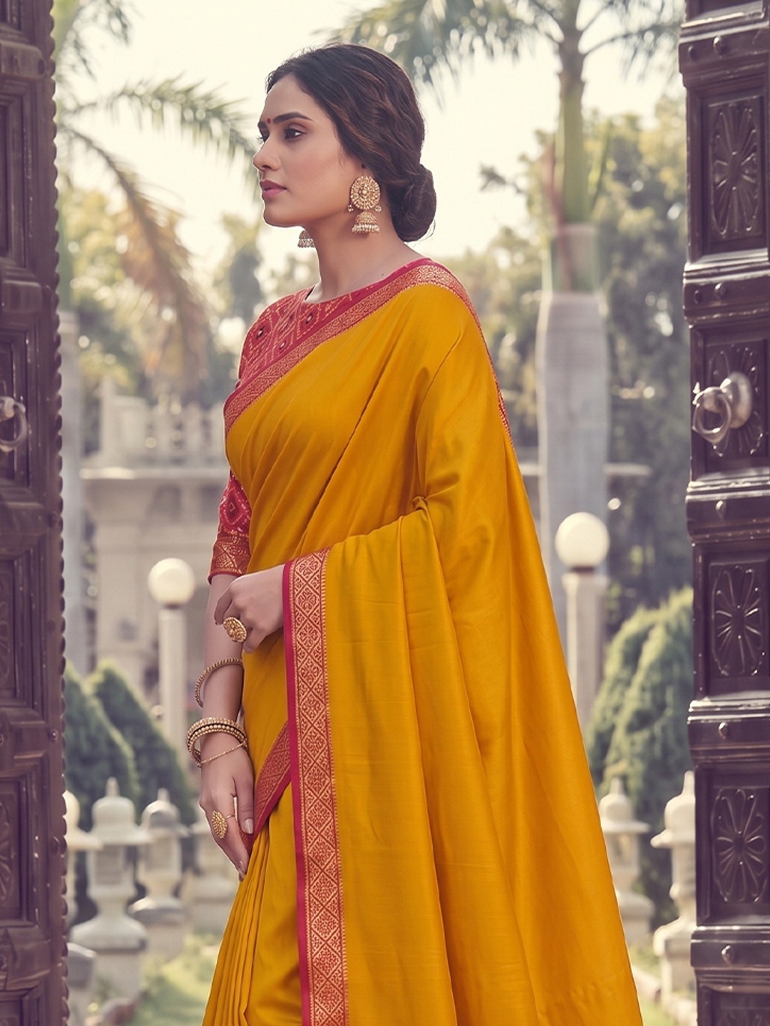 Mustard Geometric Woven Work Silk Saree