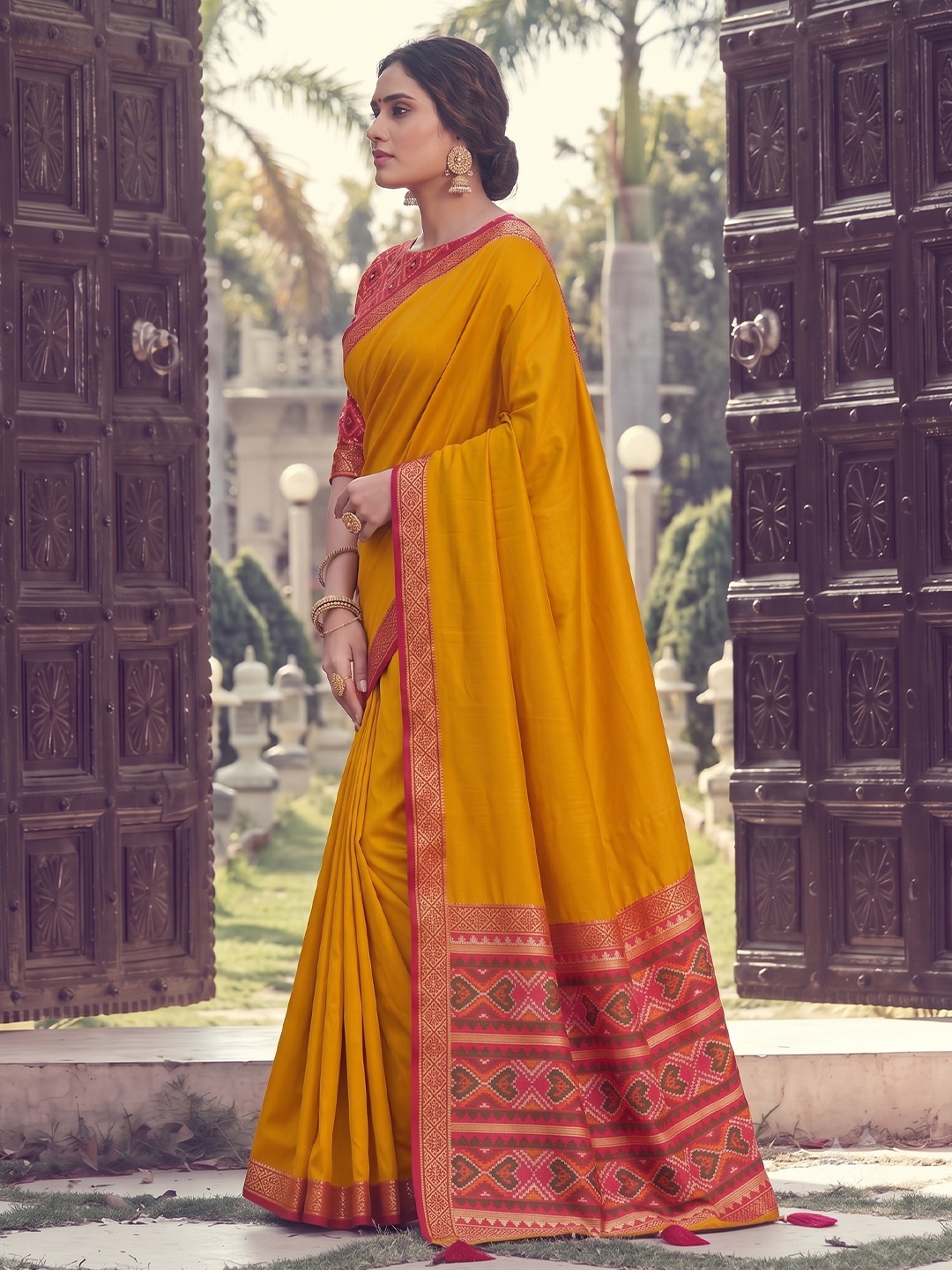 Mustard Geometric Woven Work Silk Saree