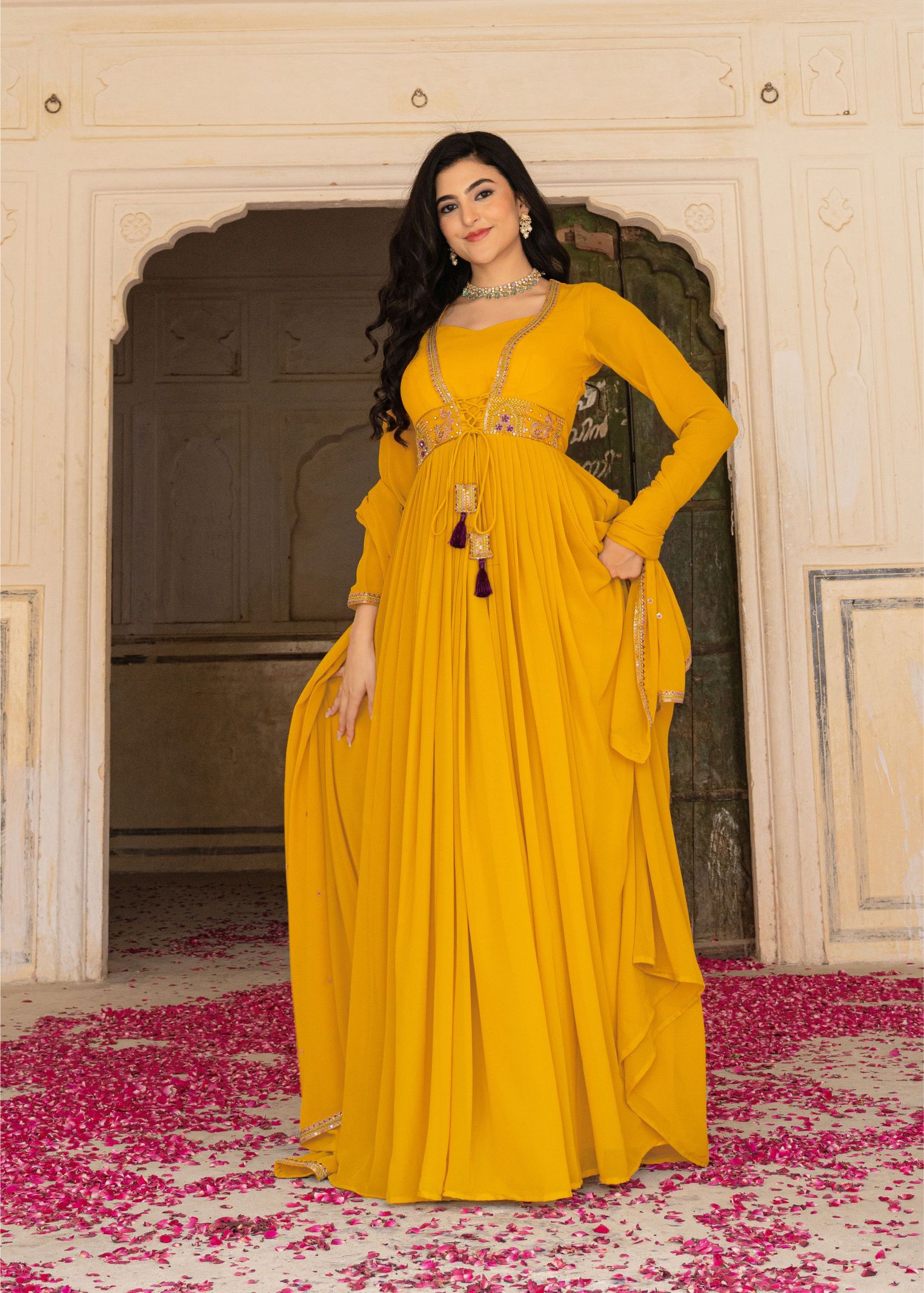 Mustard Georgette Embroidered Gown