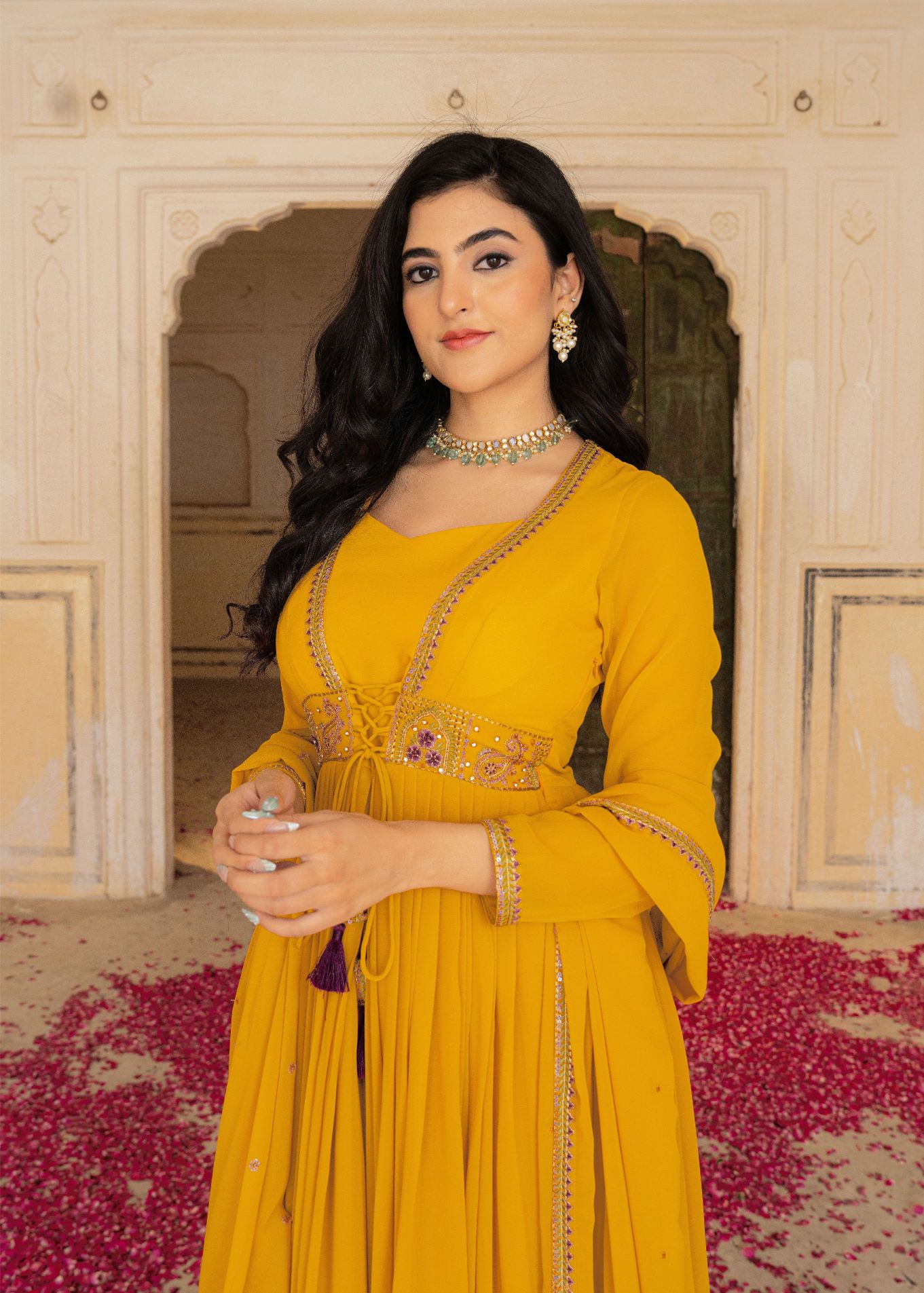 Mustard Georgette Embroidered Gown
