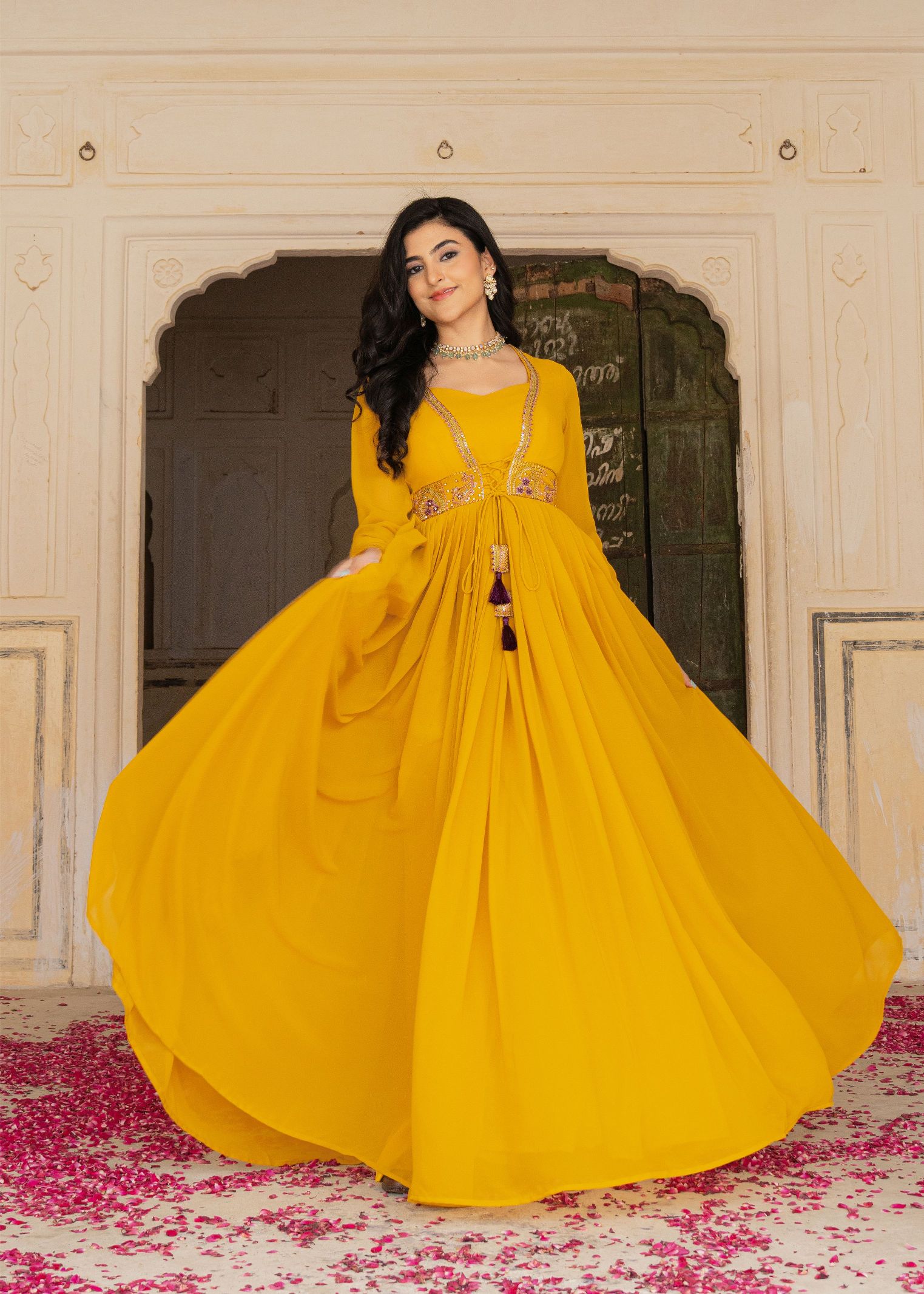 Mustard Georgette Embroidered Gown