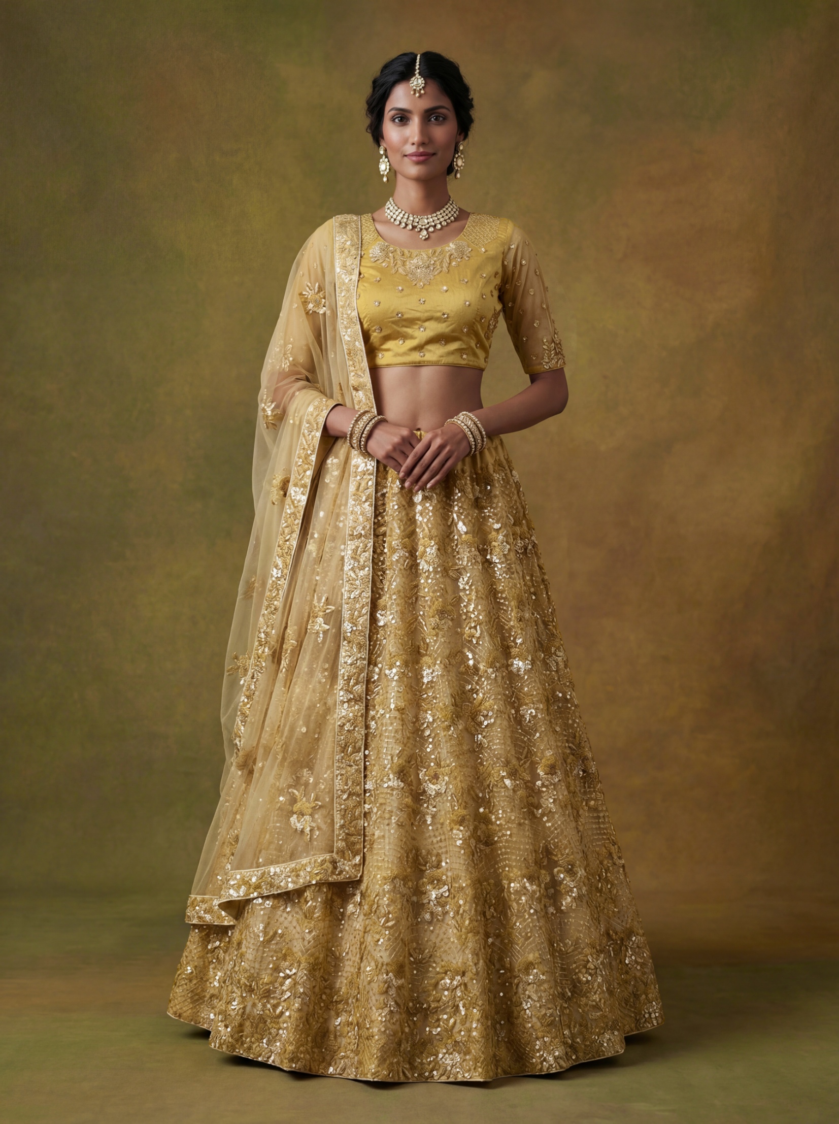 Mustard Gold Sequins Net Lehenga Choli