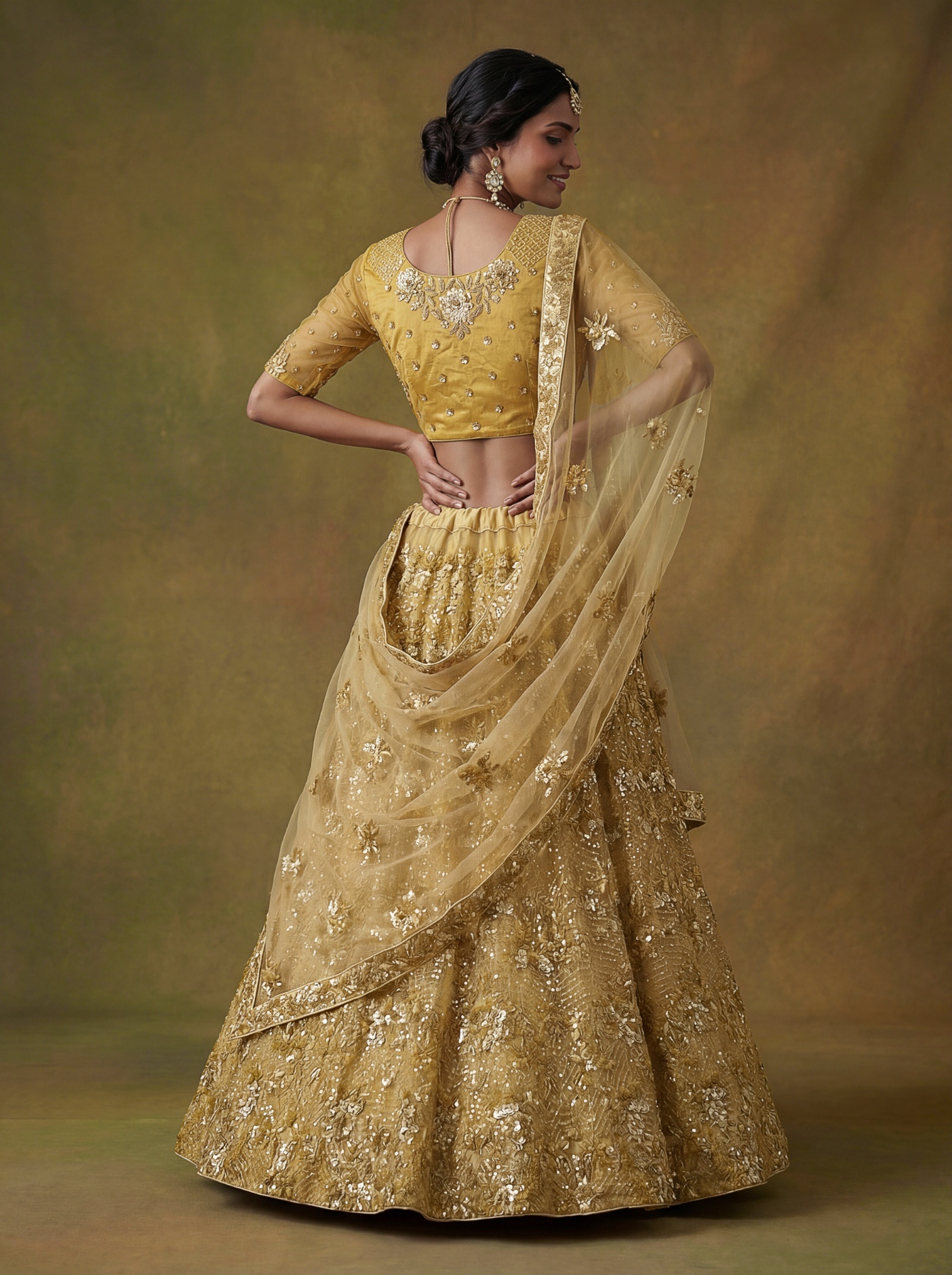 Mustard Gold Sequins Net Lehenga Choli — alternate view