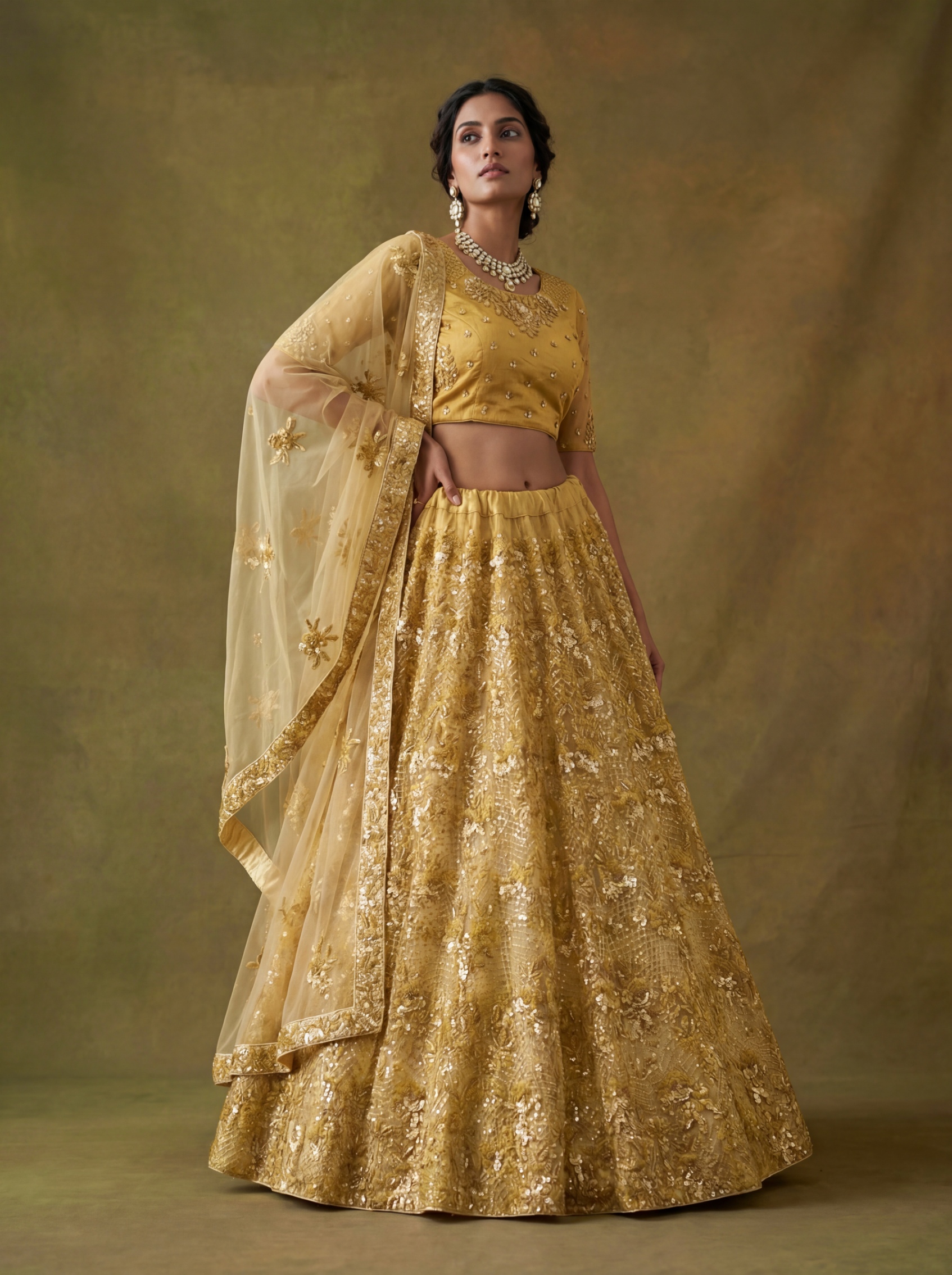 Mustard Gold Sequins Net Lehenga Choli