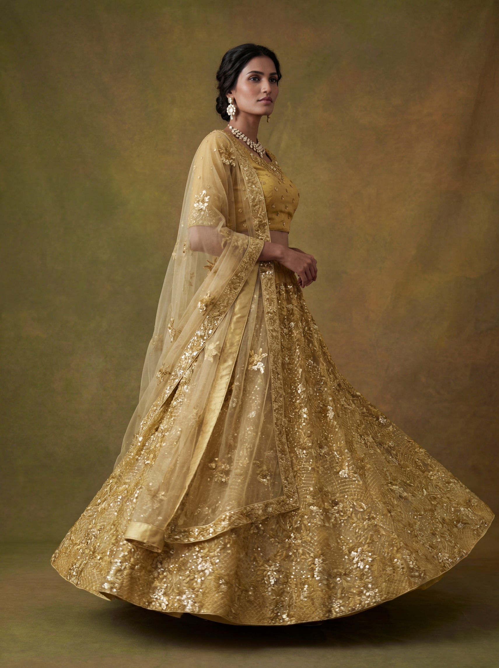 Mustard Gold Sequins Net Lehenga Choli
