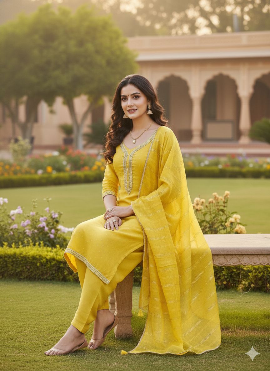 Mustard Grace Embroidered Chanderi Butti Salwar Suit — alternate view