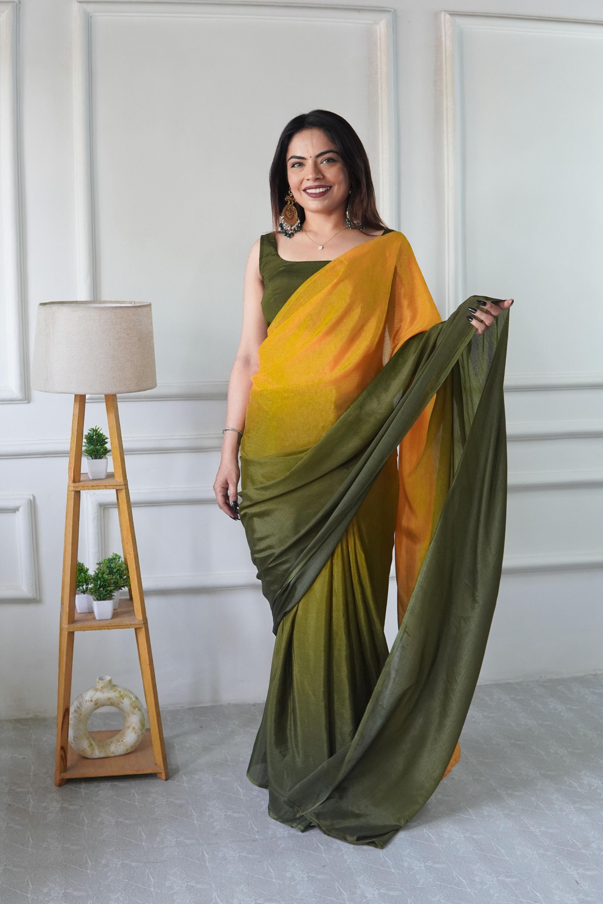 Mustard Green Chinnon Ready To Wear Saree