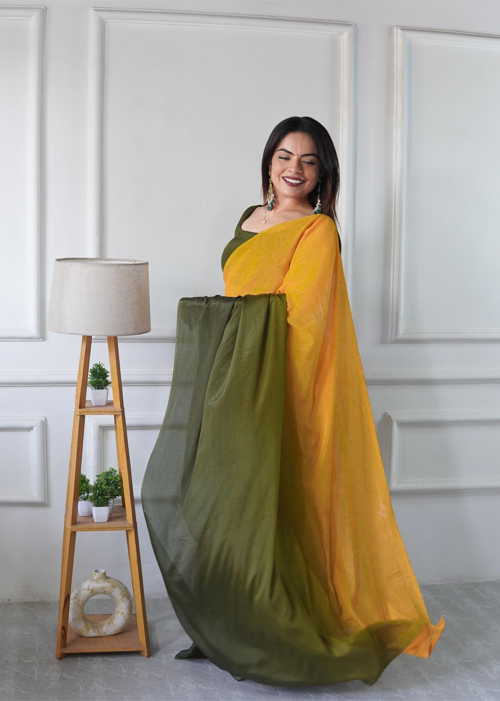 Mustard Green Chinnon Ready To Wear Saree — alternate view