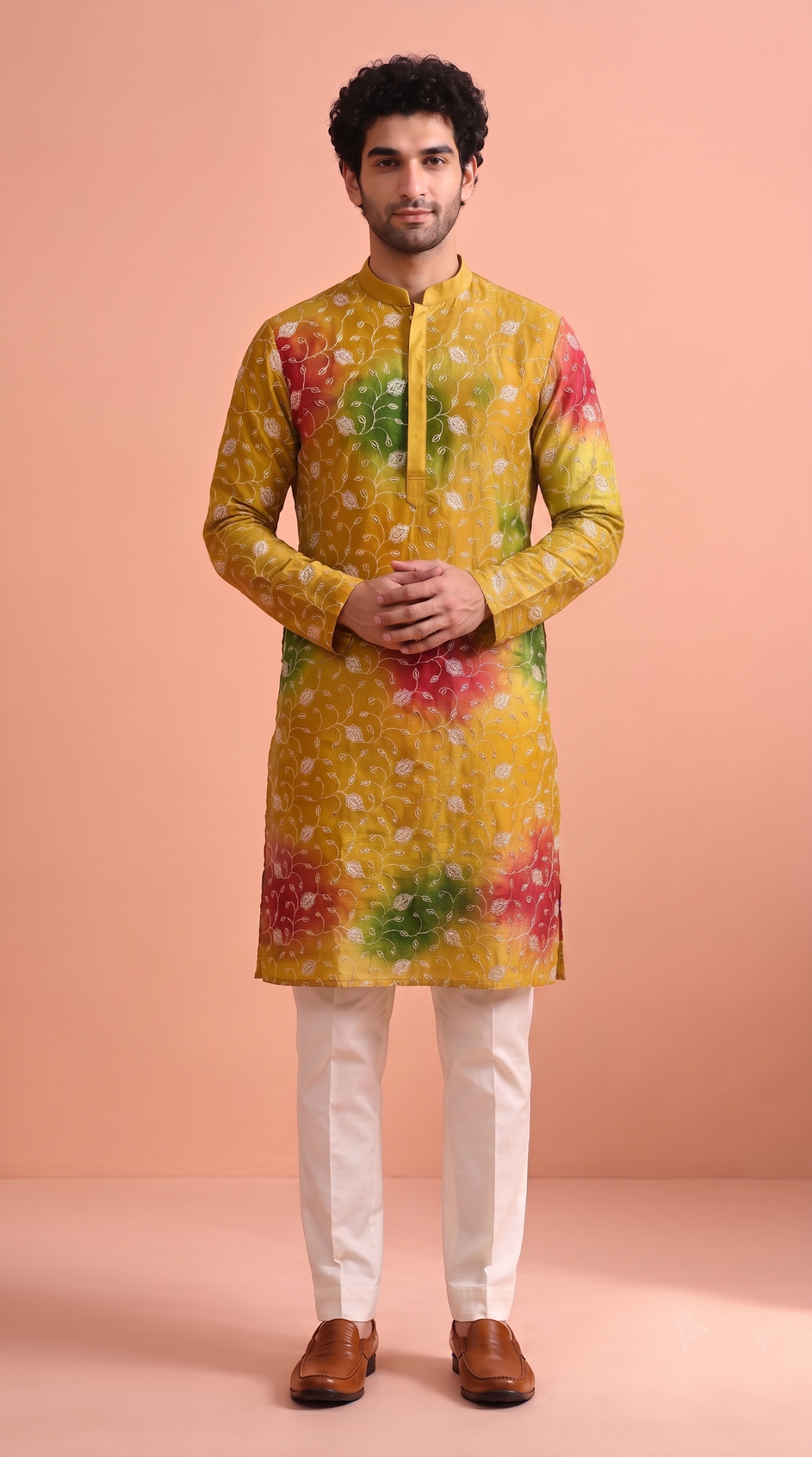 Mustard Green Floral Beadwork Rangoli Kurta Pyjama