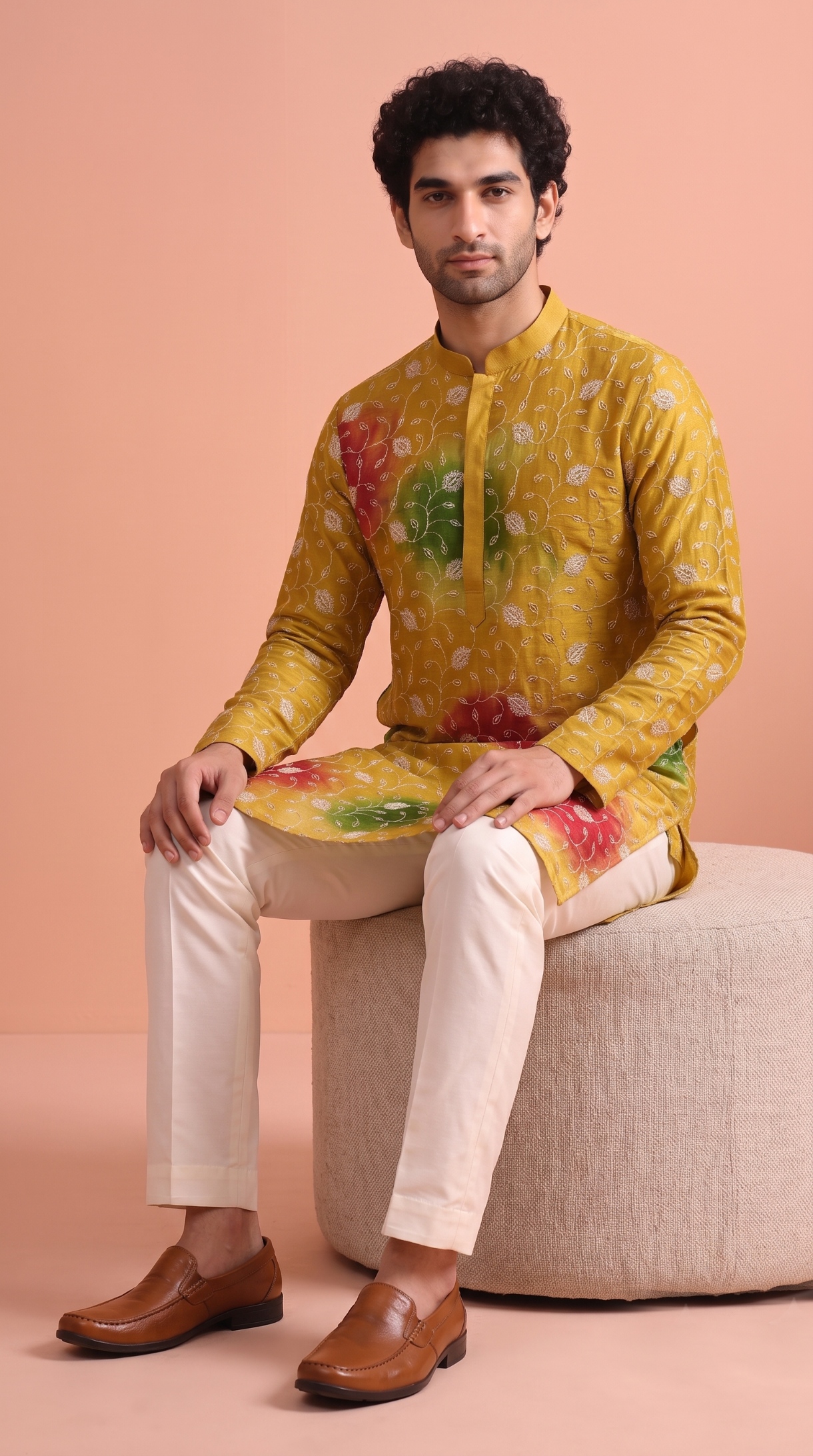 Mustard Green Floral Beadwork Rangoli Kurta Pyjama