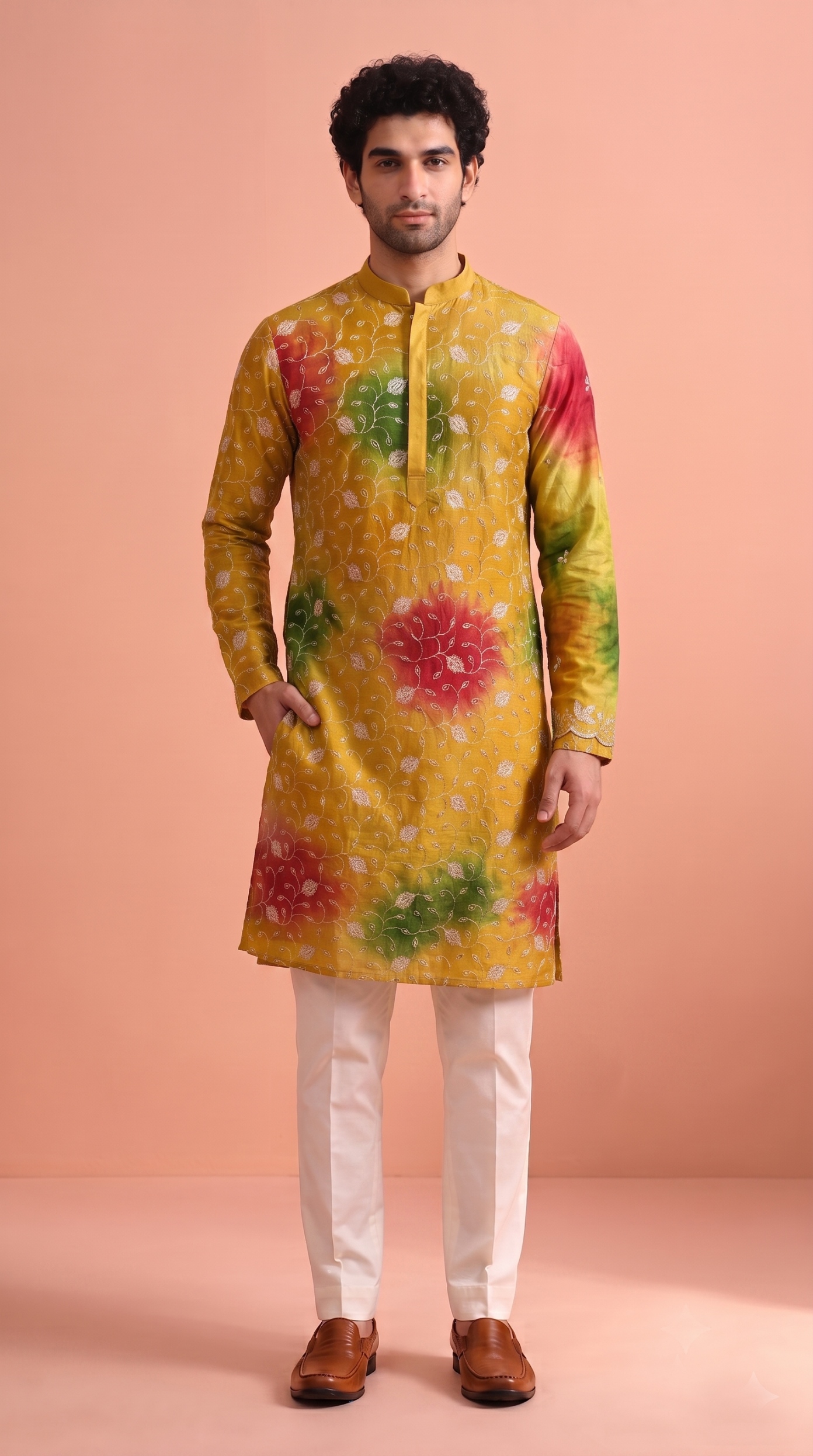 Mustard Green Floral Beadwork Rangoli Kurta Pyjama