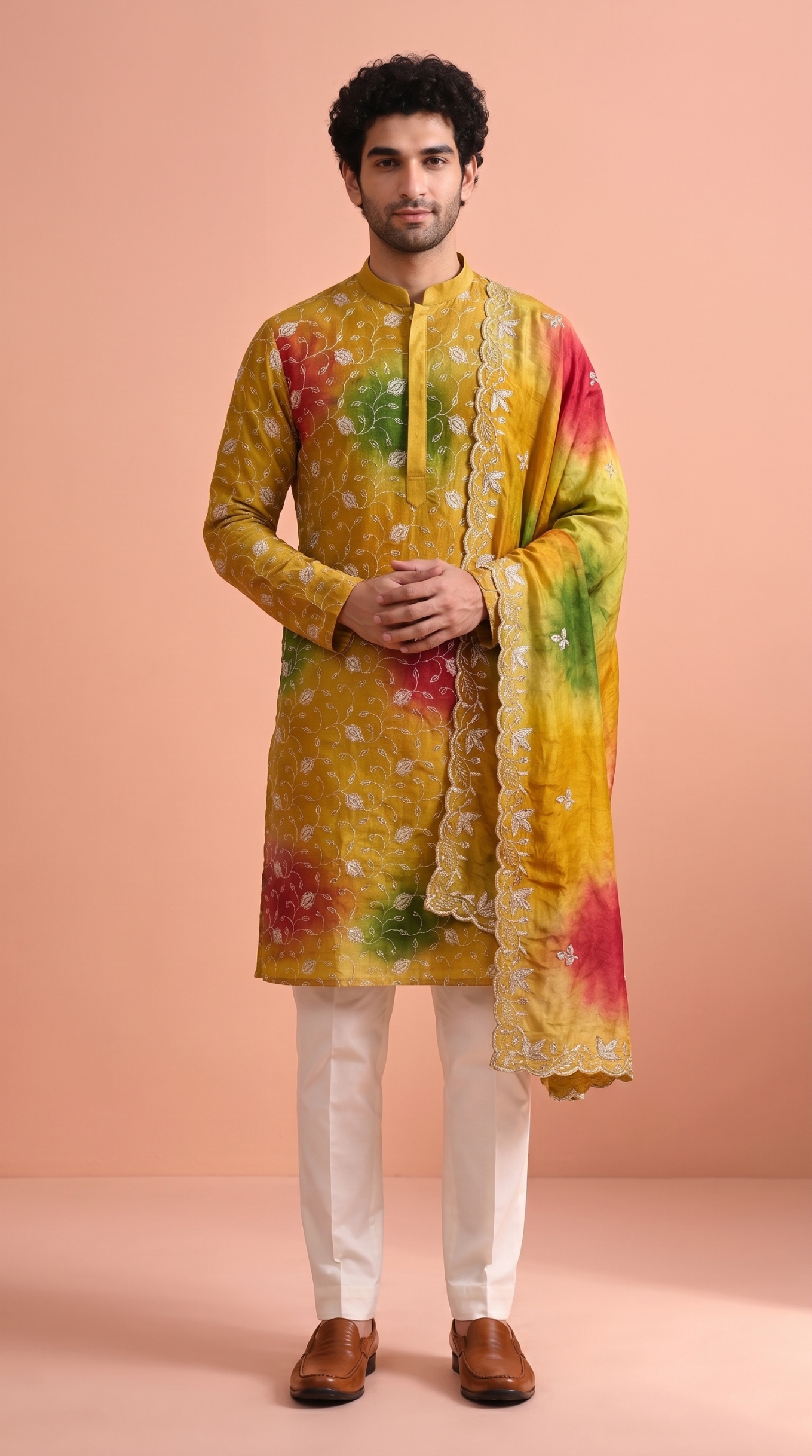 Mustard Green Floral Beadwork Rangoli Kurta Pyjama with dupatta
