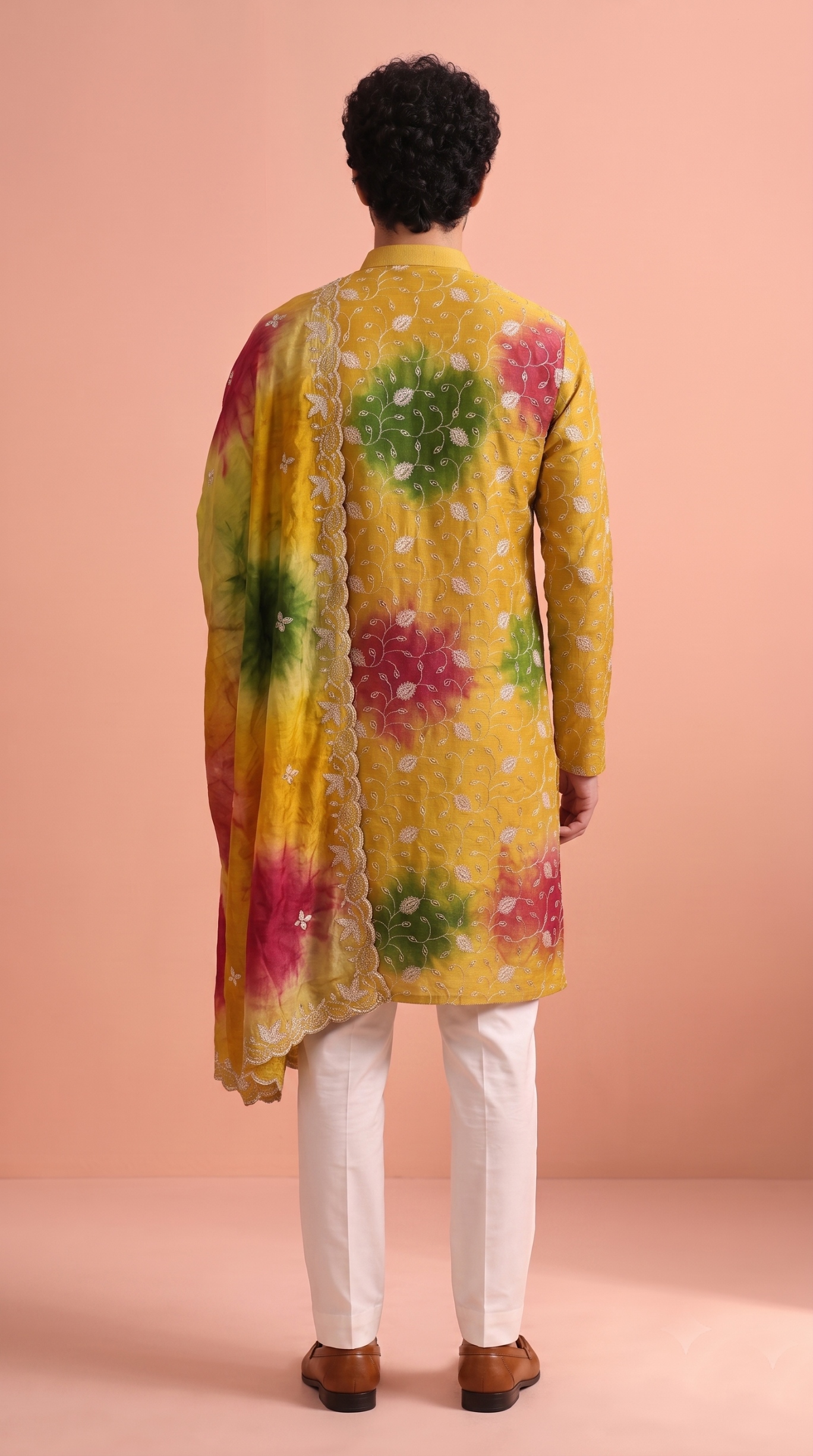 Mustard Green Floral Beadwork Rangoli Kurta Pyjama with dupatta — alternate view