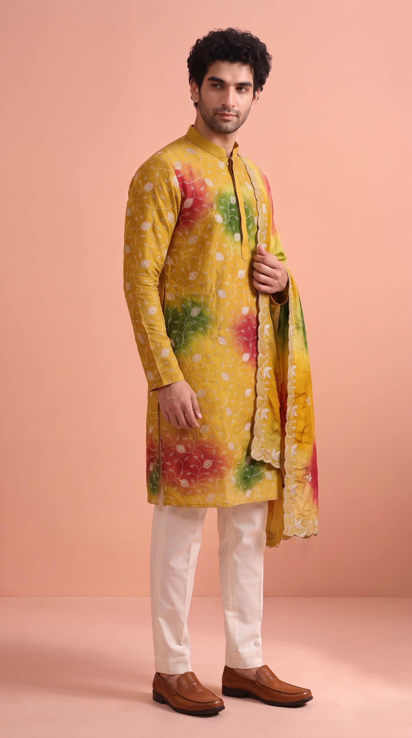 Mustard Green Floral Beadwork Rangoli Kurta Pyjama with dupatta