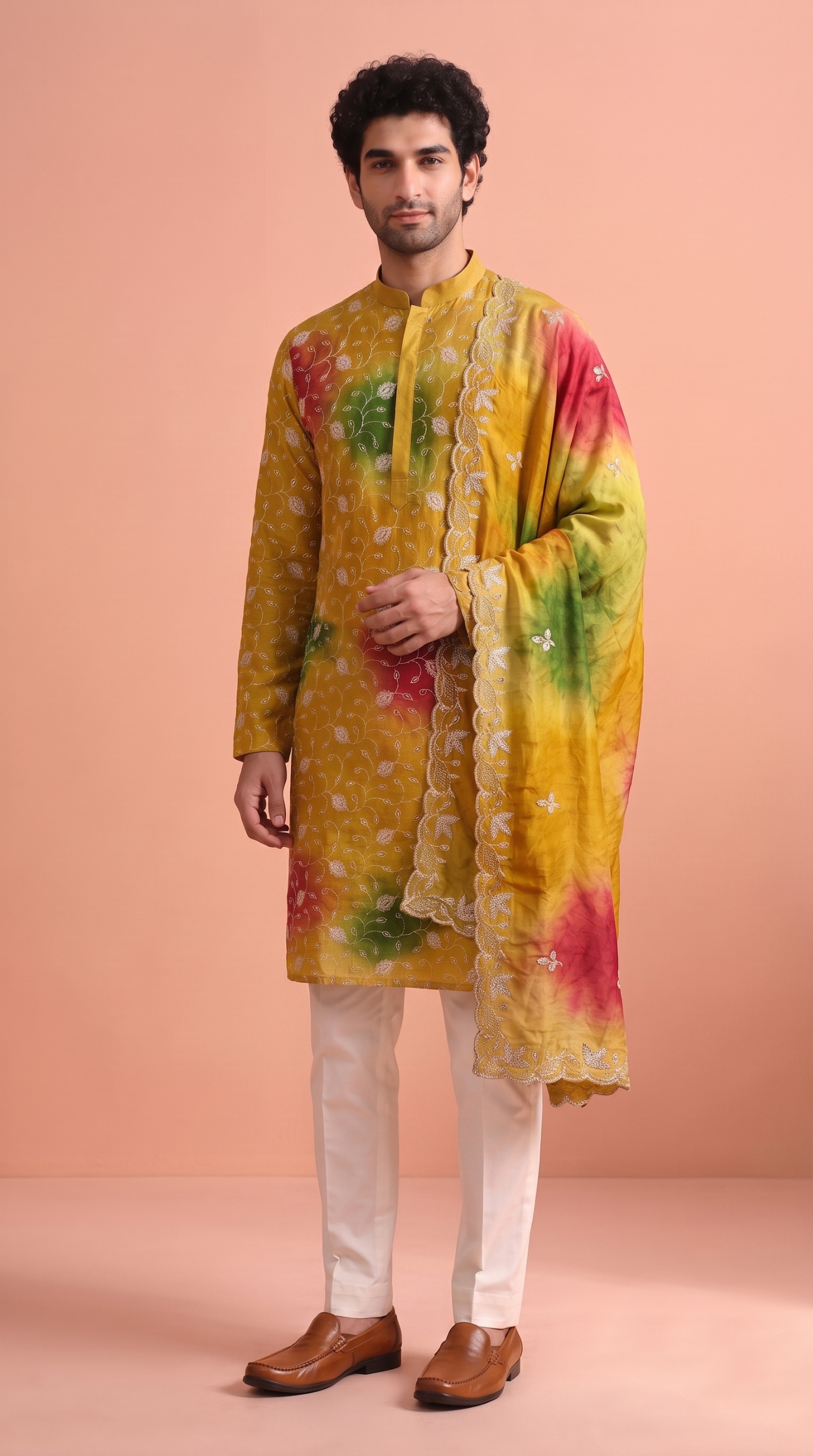 Mustard Green Floral Beadwork Rangoli Kurta Pyjama with dupatta