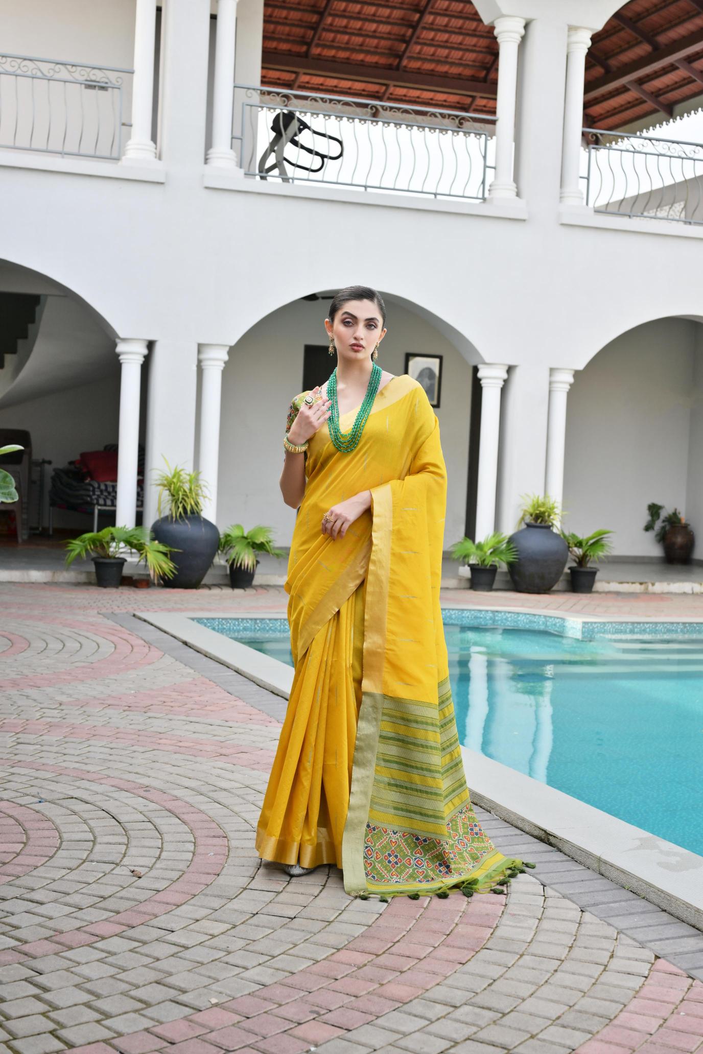 Mustard Green Khadi Raw Silk Saree